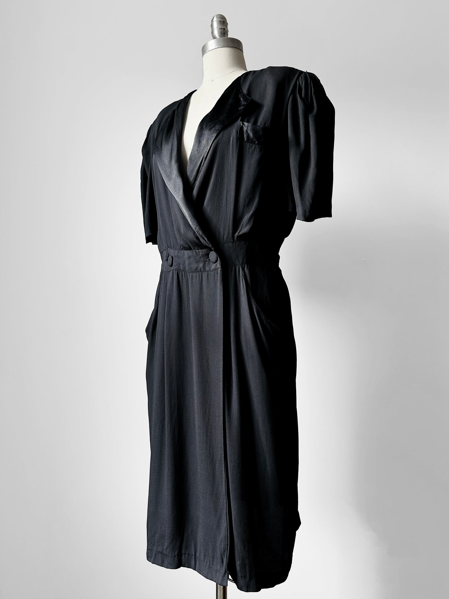 1980's Black Tuxedo Style Wrap Dress - Sz. S/M