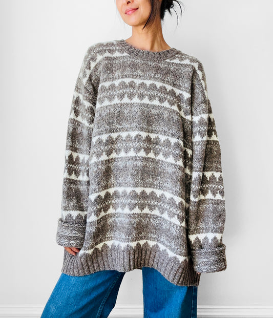 1980s Taupe Grey Wool Patterned Pullover Knit Sweater - O/S