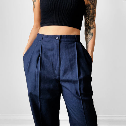 1980s Dark Navy Blue Pleated High-Waisted Tapered Leg Trousers - Waist 26.5 - 27