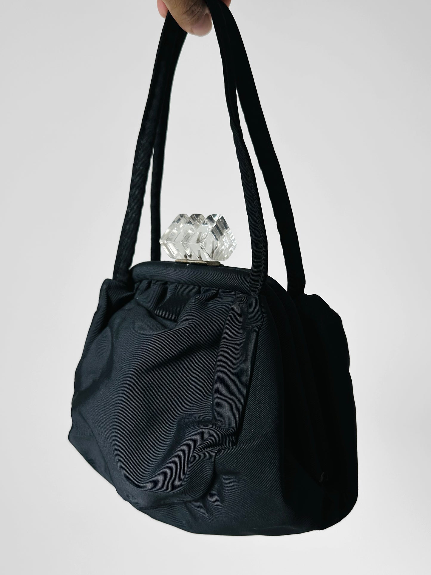 Vintage 1960s Black Fabric Handbag with Clear Lucite Clasp