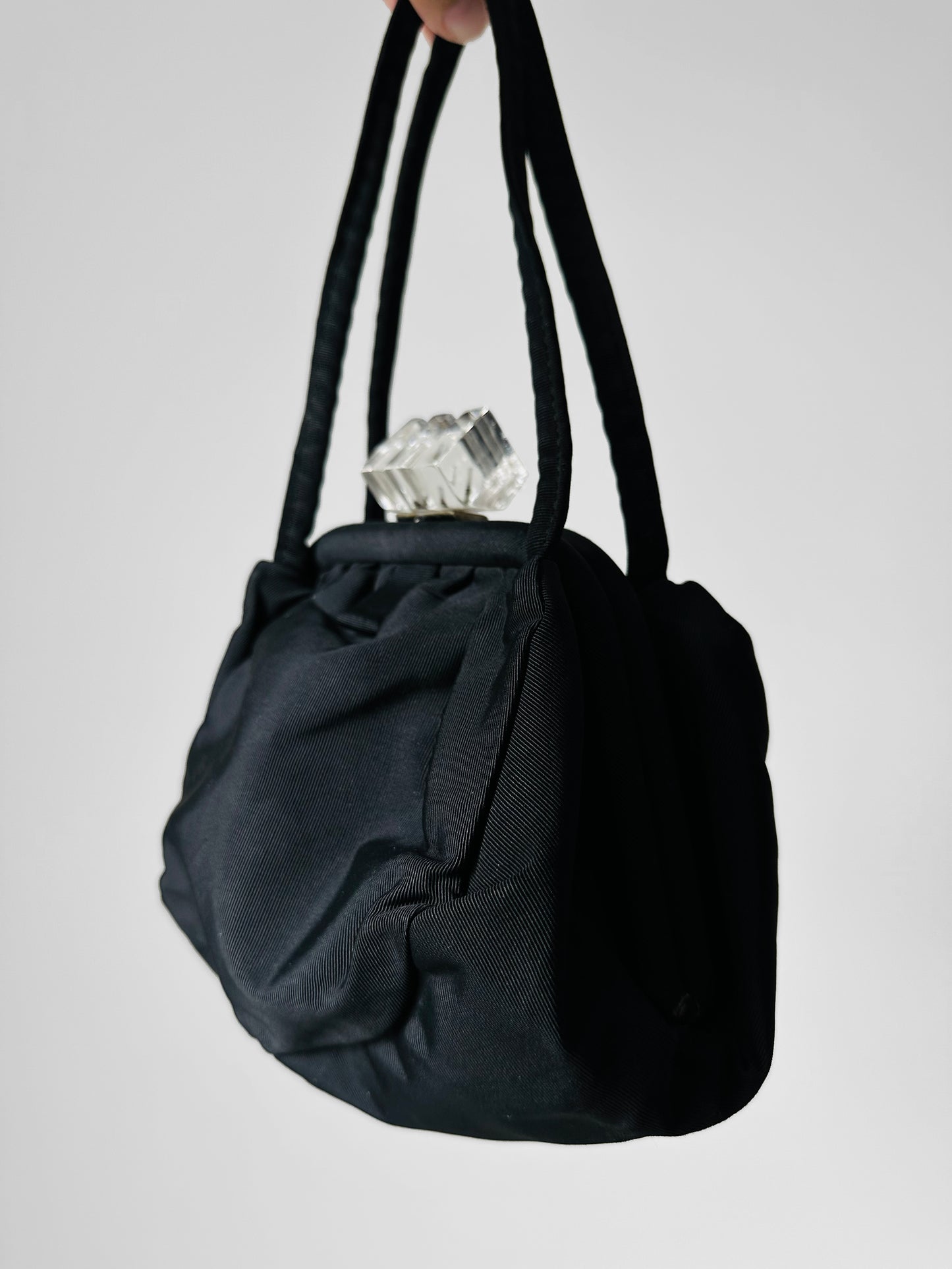 Vintage 1960s Black Fabric Handbag with Clear Lucite Clasp