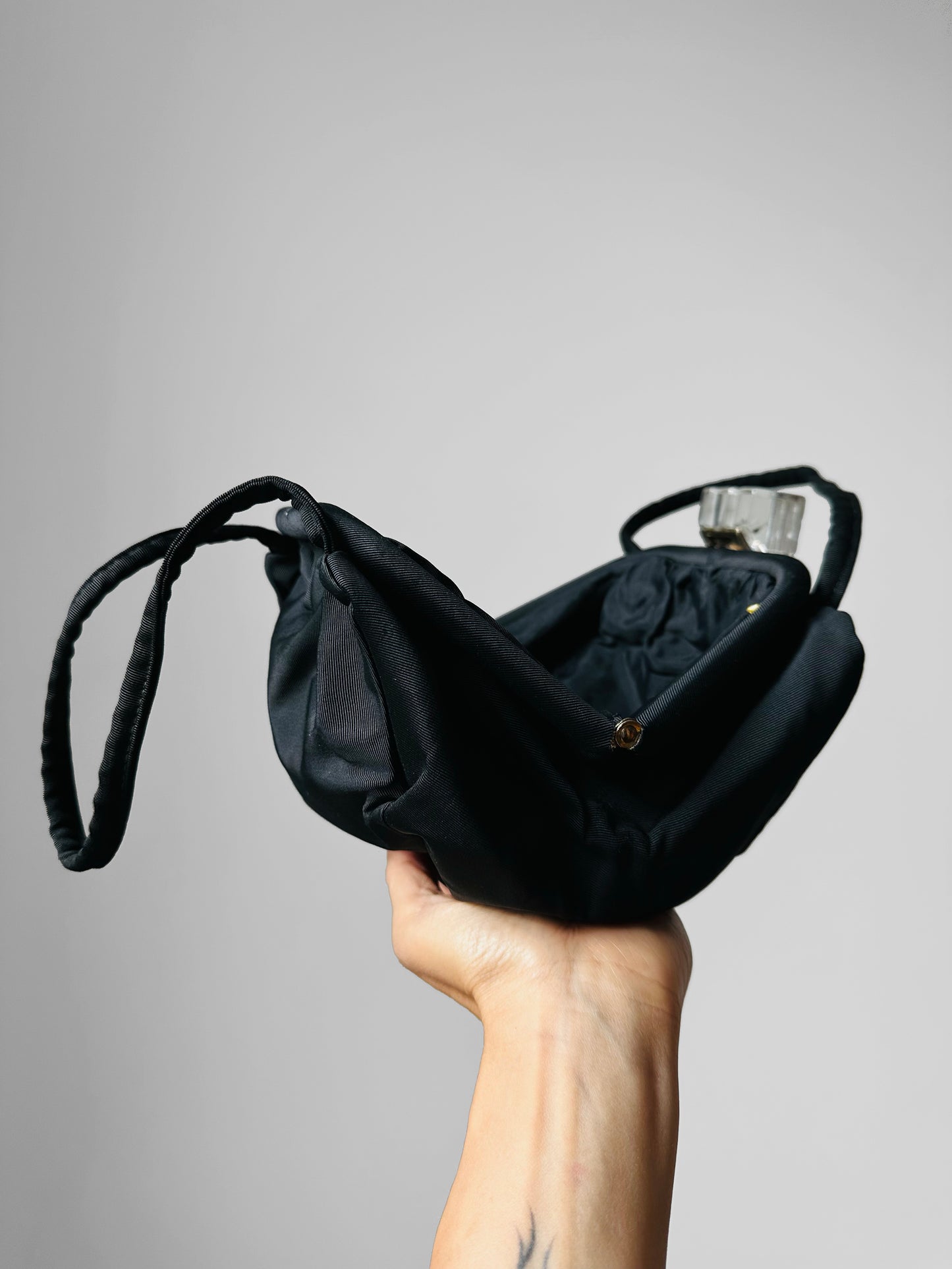 Vintage 1960s Black Fabric Handbag with Clear Lucite Clasp