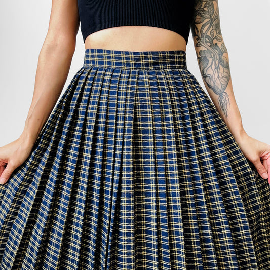 1950s - 1960s Blue and Yellow Wool Plaid Pleated Midi-Length Skirt - Sz. M