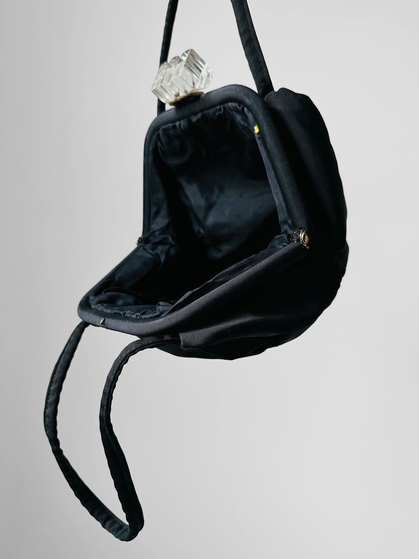 Vintage 1960s Black Fabric Handbag with Clear Lucite Clasp