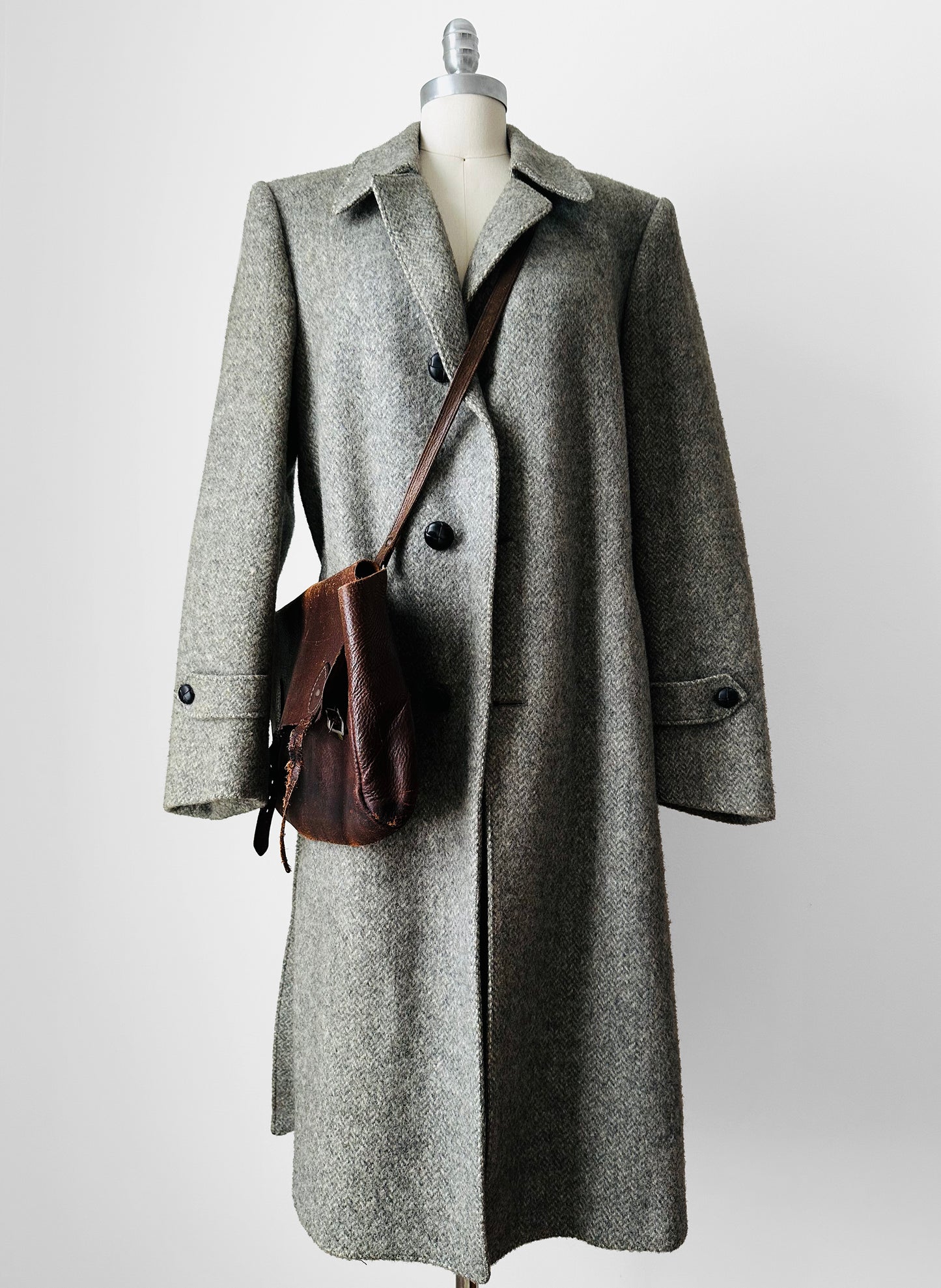 1970s Grey Wool Tweed Belted Overcoat - Sz. S/M