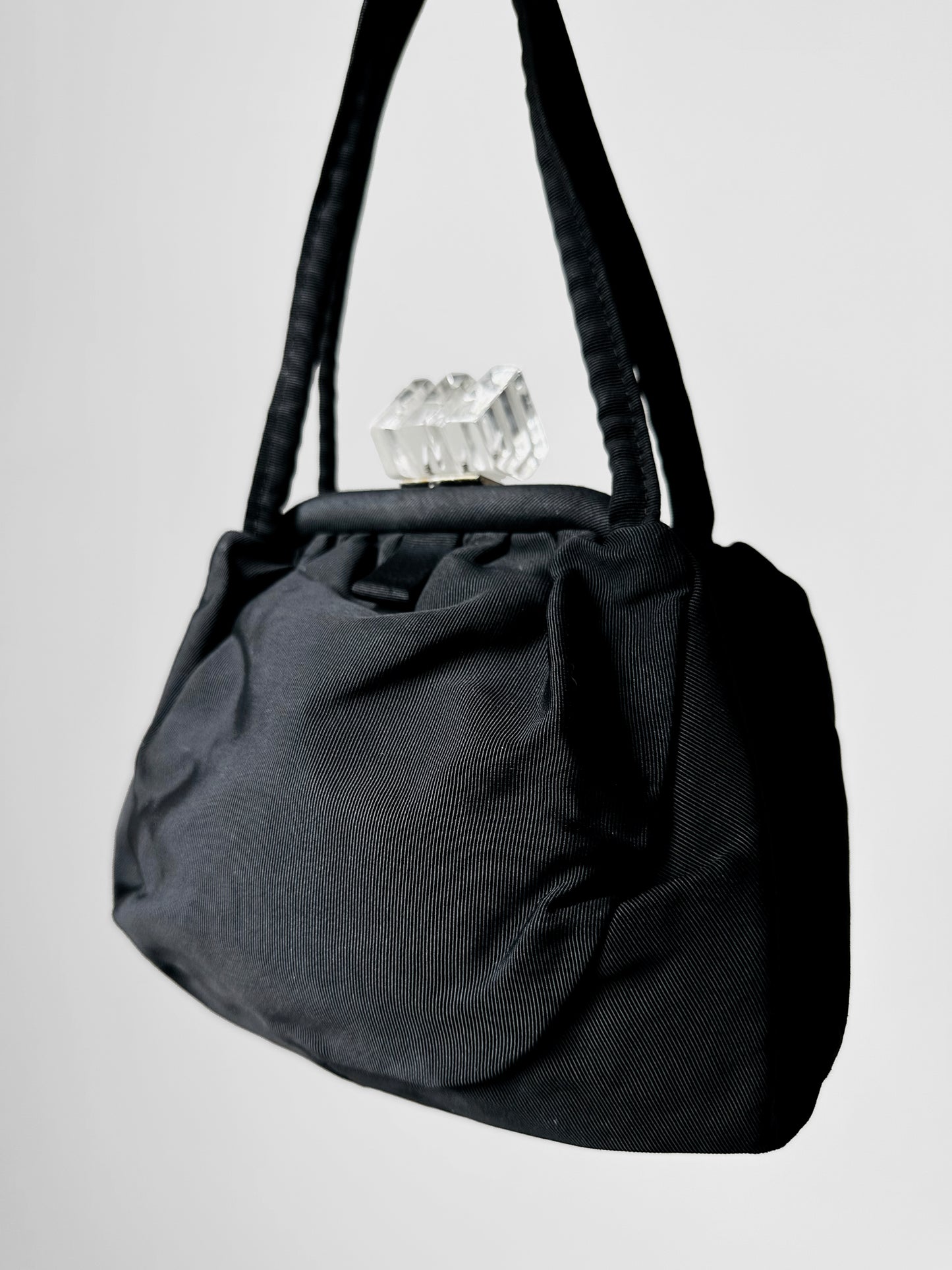 Vintage 1960s Black Fabric Handbag with Clear Lucite Clasp