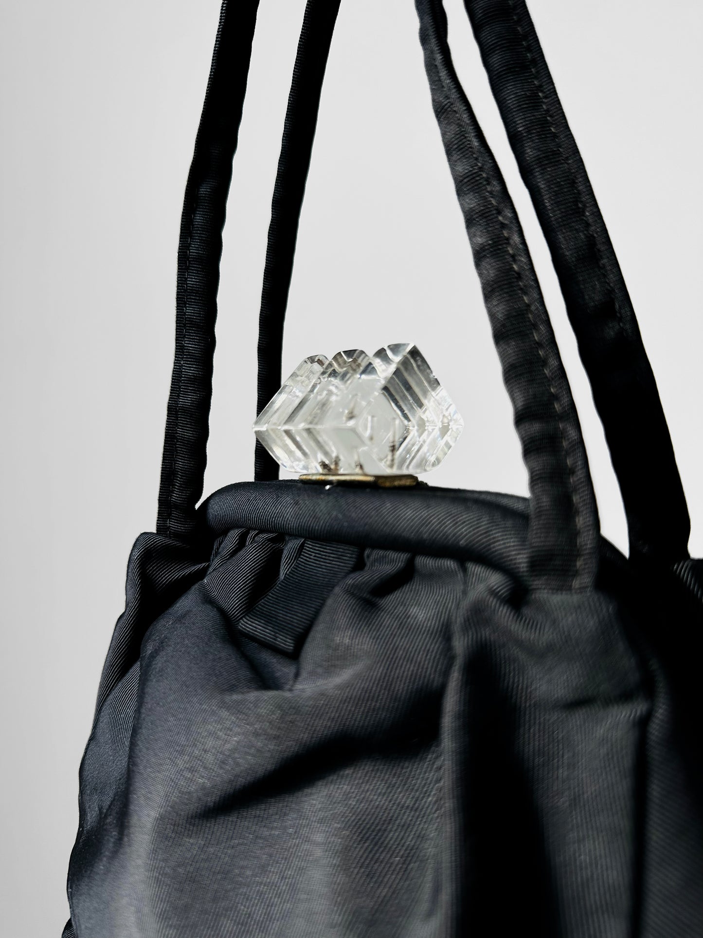 Vintage 1960s Black Fabric Handbag with Clear Lucite Clasp