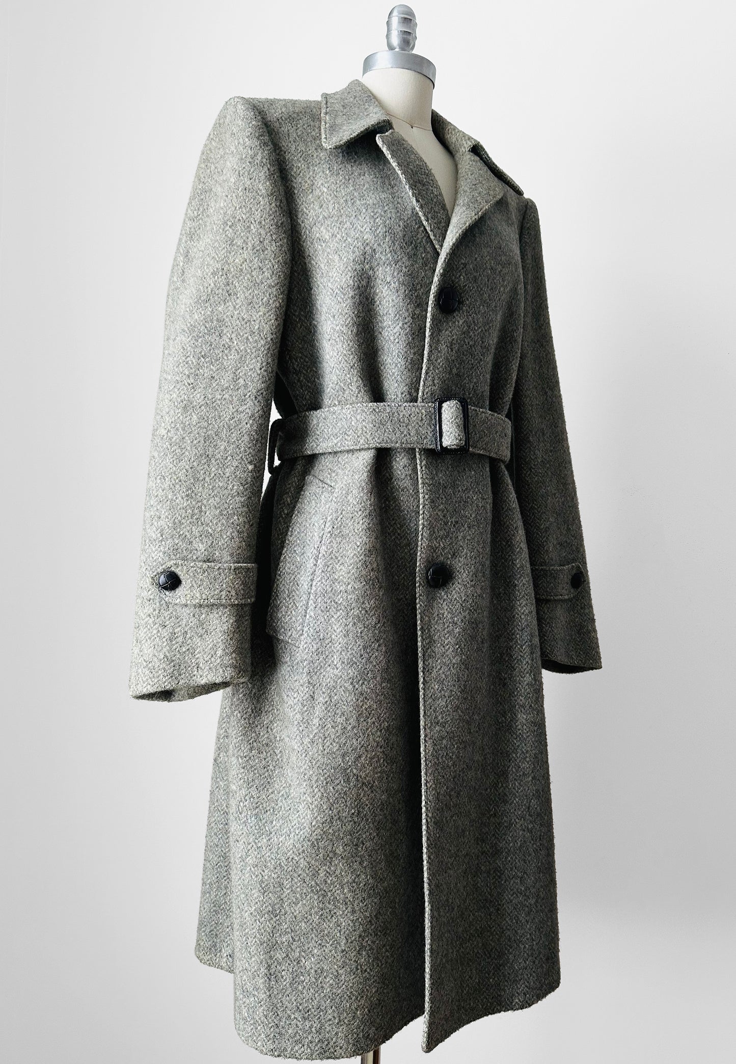 1970s Grey Wool Tweed Belted Overcoat - Sz. S/M