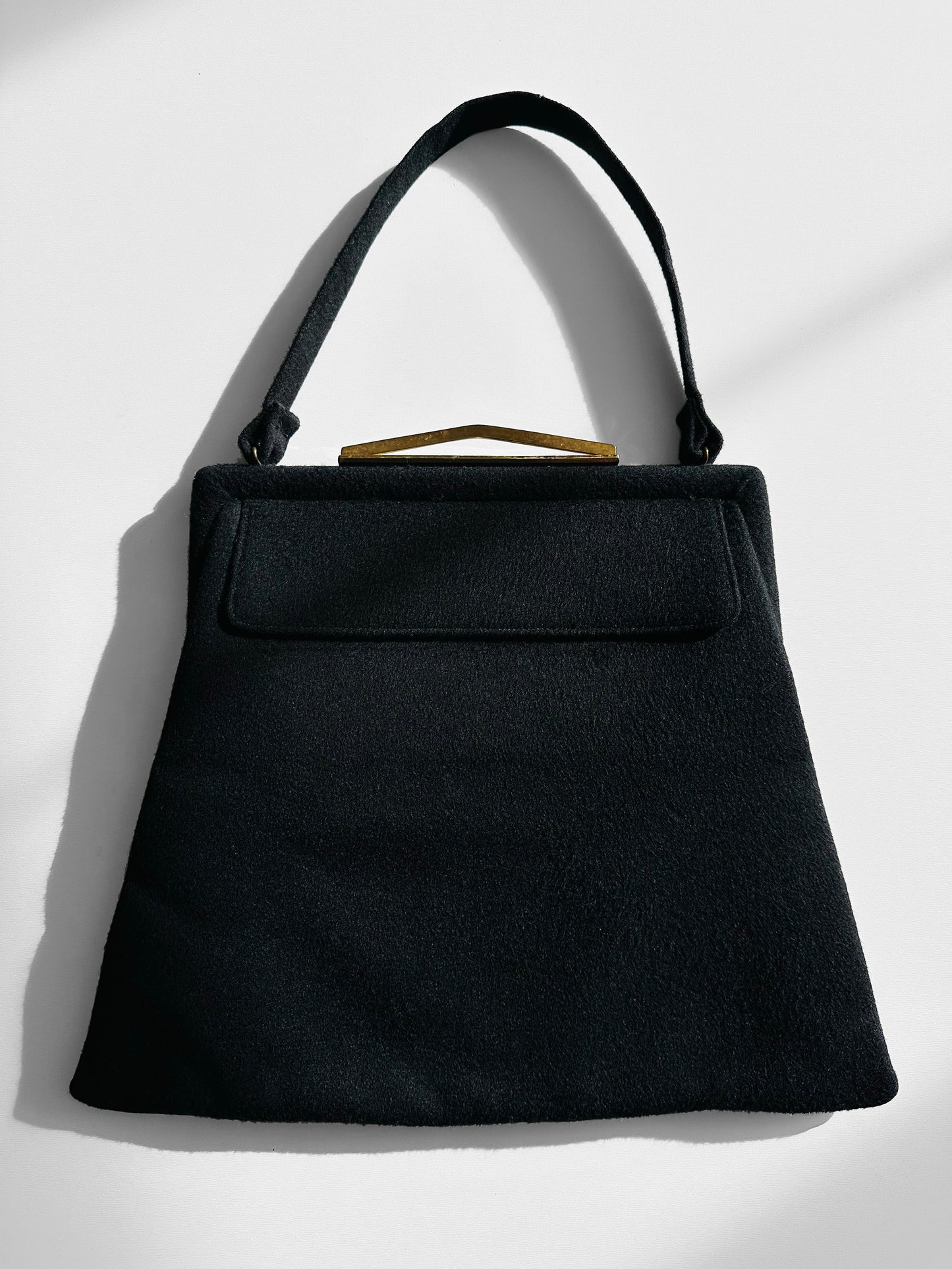 1950s Large Black Wool Felt Top Handle Handbag