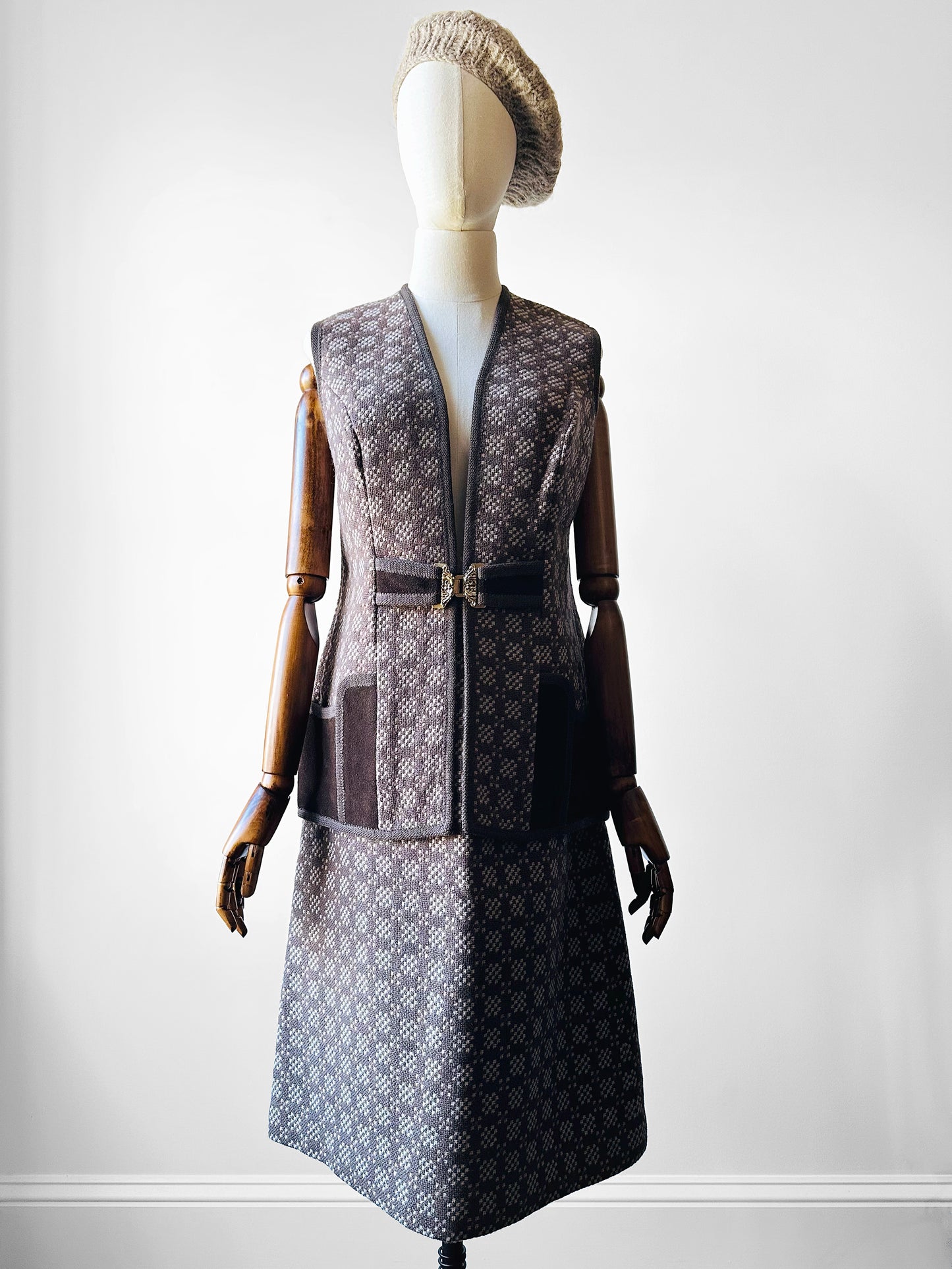 1960s - 1970s Taupe and Cream Welsh Woollen Suede Pocket Two-Piece Skirt and Vest Set