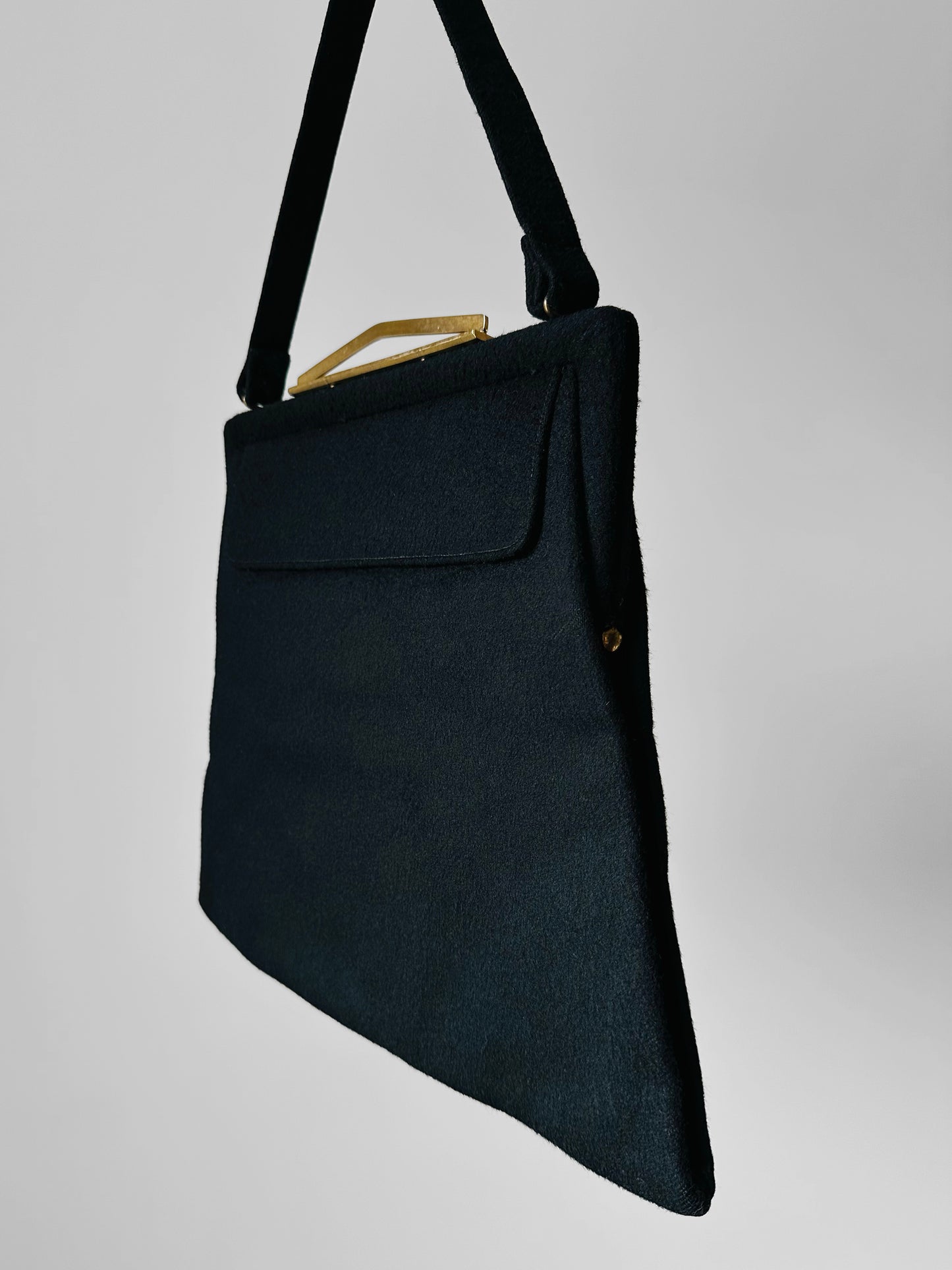 1950s Large Black Wool Felt Top Handle Handbag