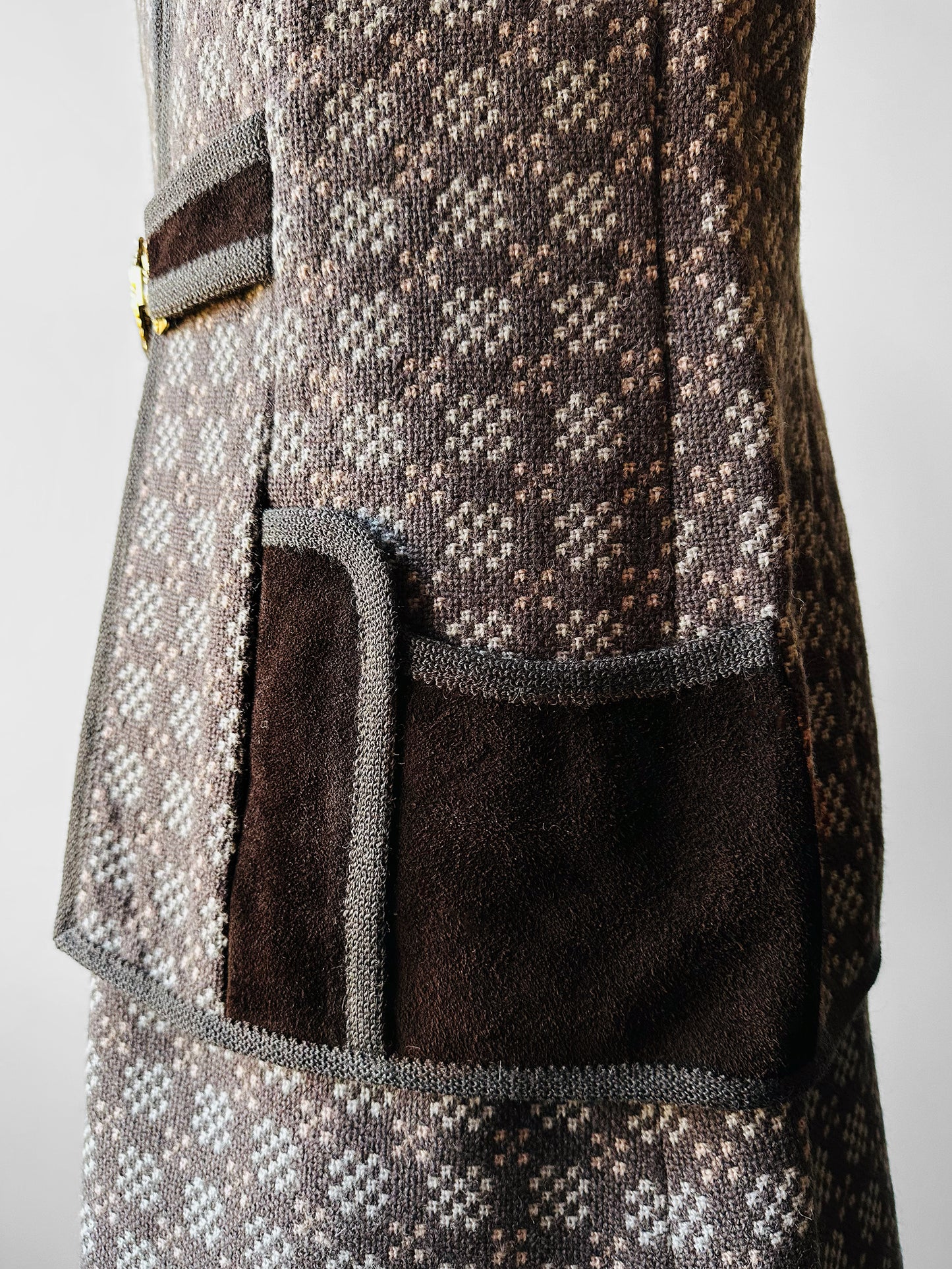 1960s - 1970s Taupe and Cream Welsh Woollen Suede Pocket Two-Piece Skirt and Vest Set