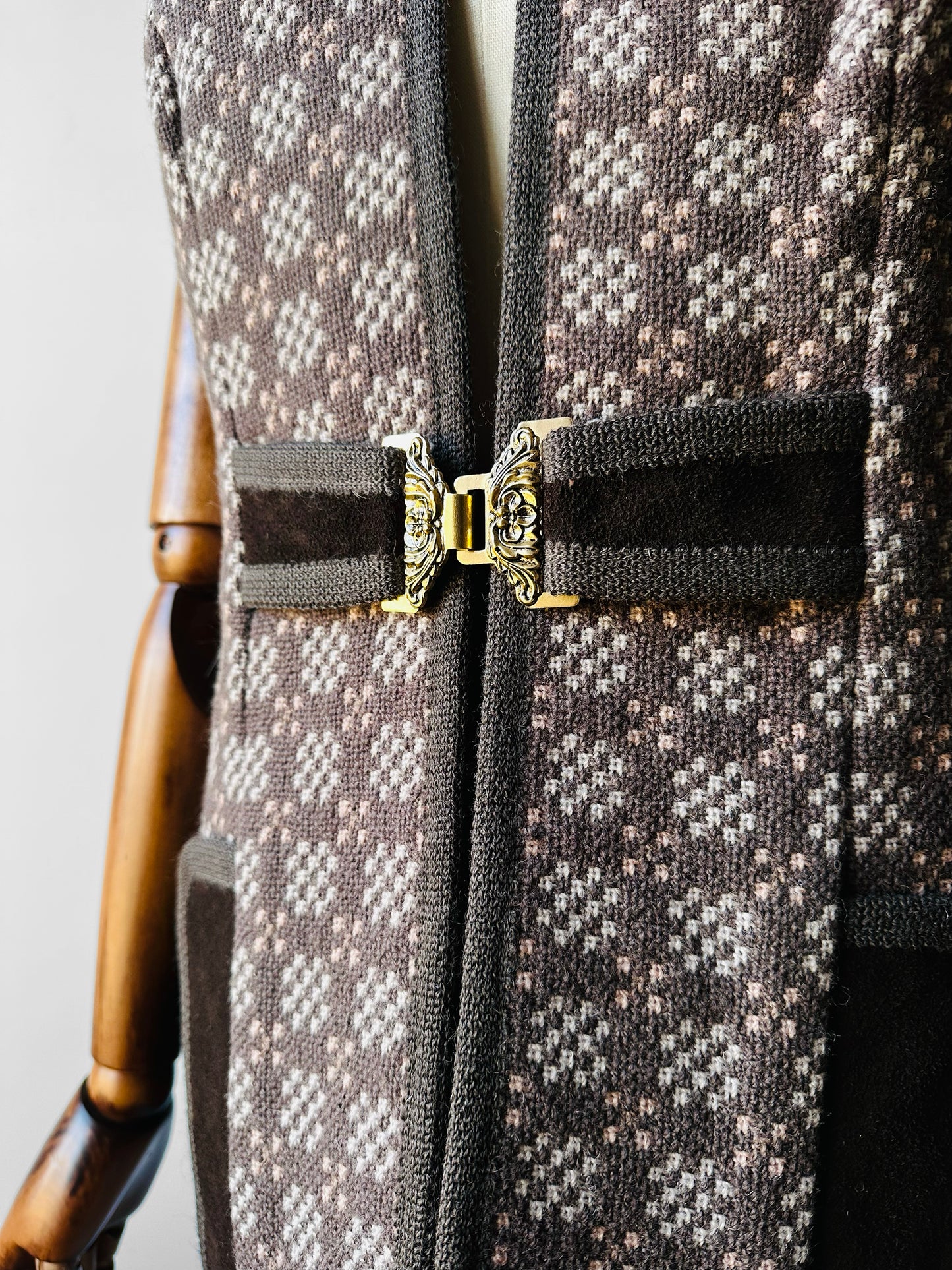 1960s - 1970s Taupe and Cream Welsh Woollen Suede Pocket Two-Piece Skirt and Vest Set