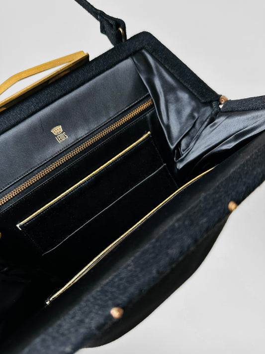 1960s Large Black Felted Top Handle Handbag