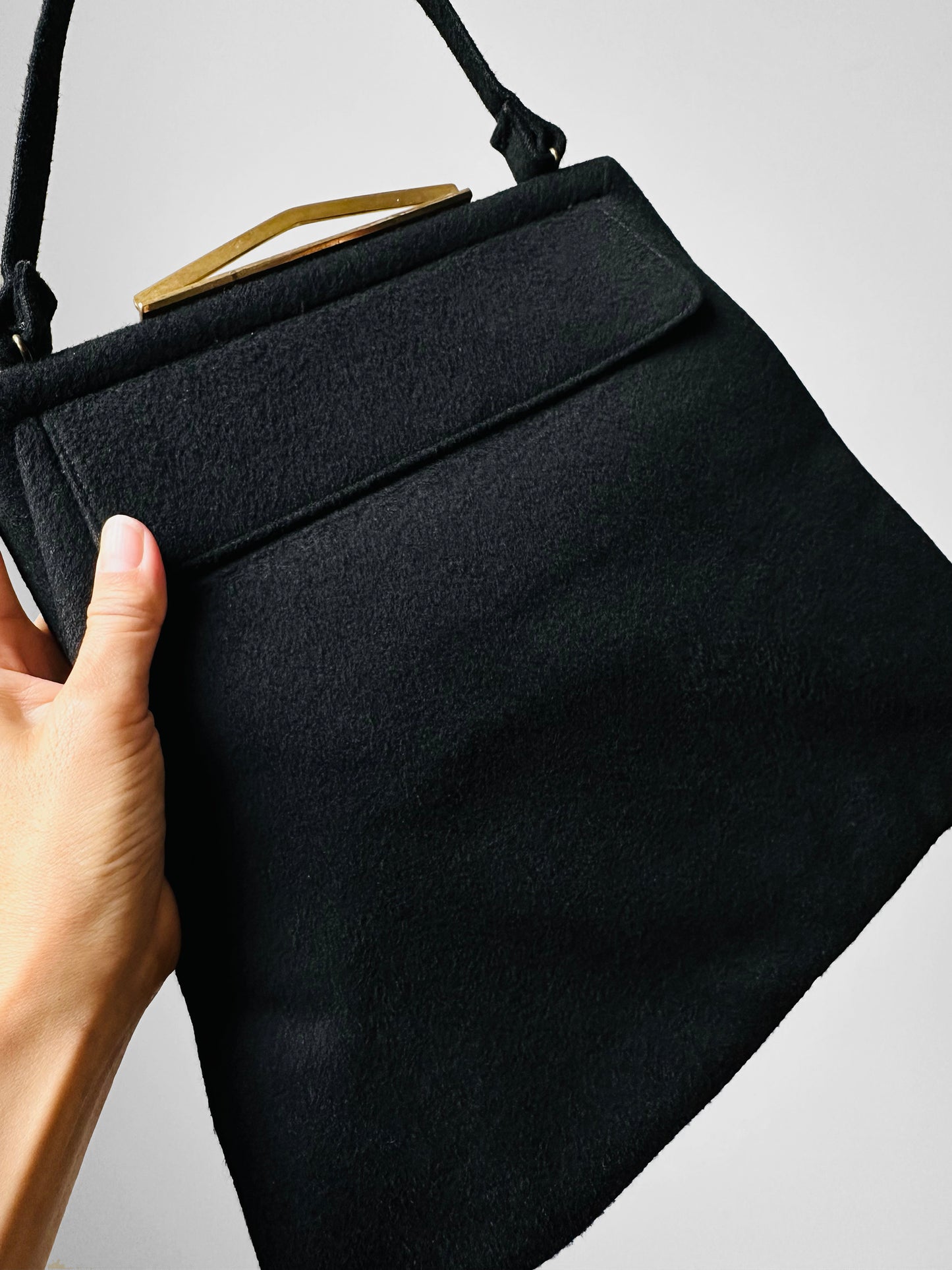 1950s Large Black Wool Felt Top Handle Handbag