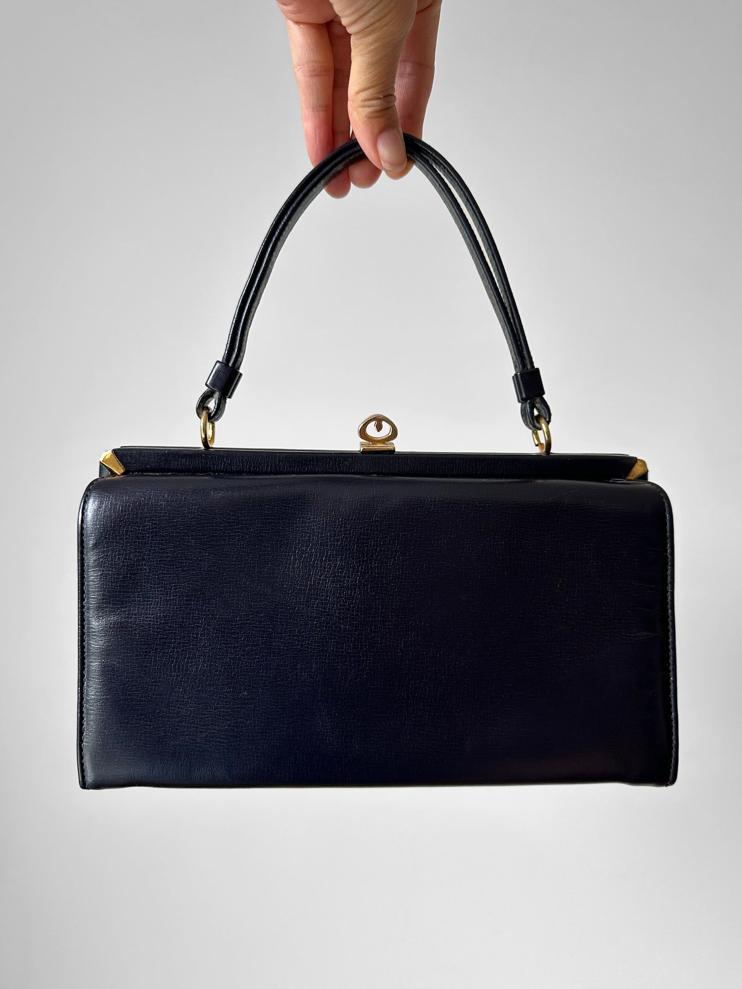 1960s Navy Leather Top Handle Handbag
