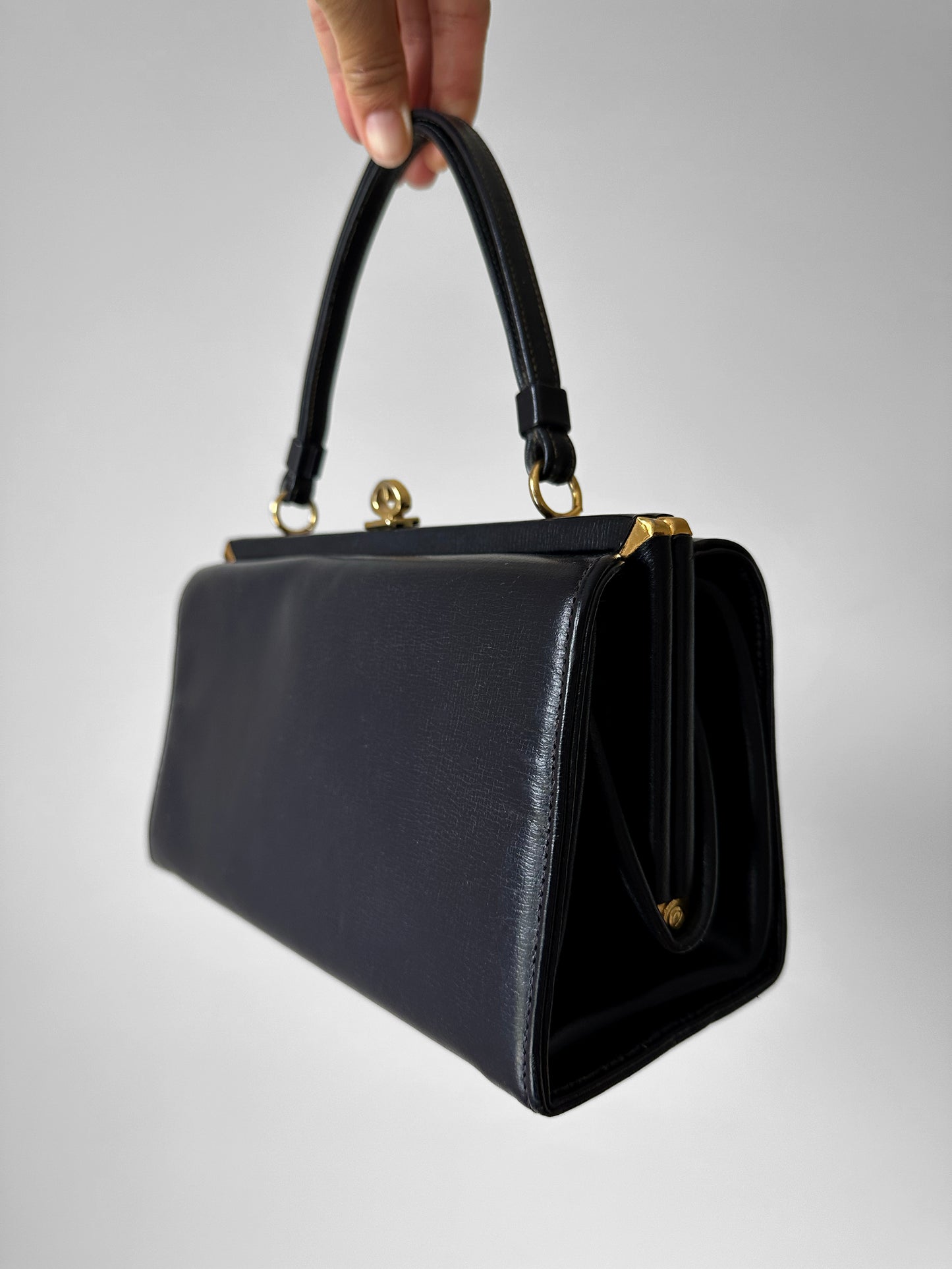 1960s Navy Leather Top Handle Handbag