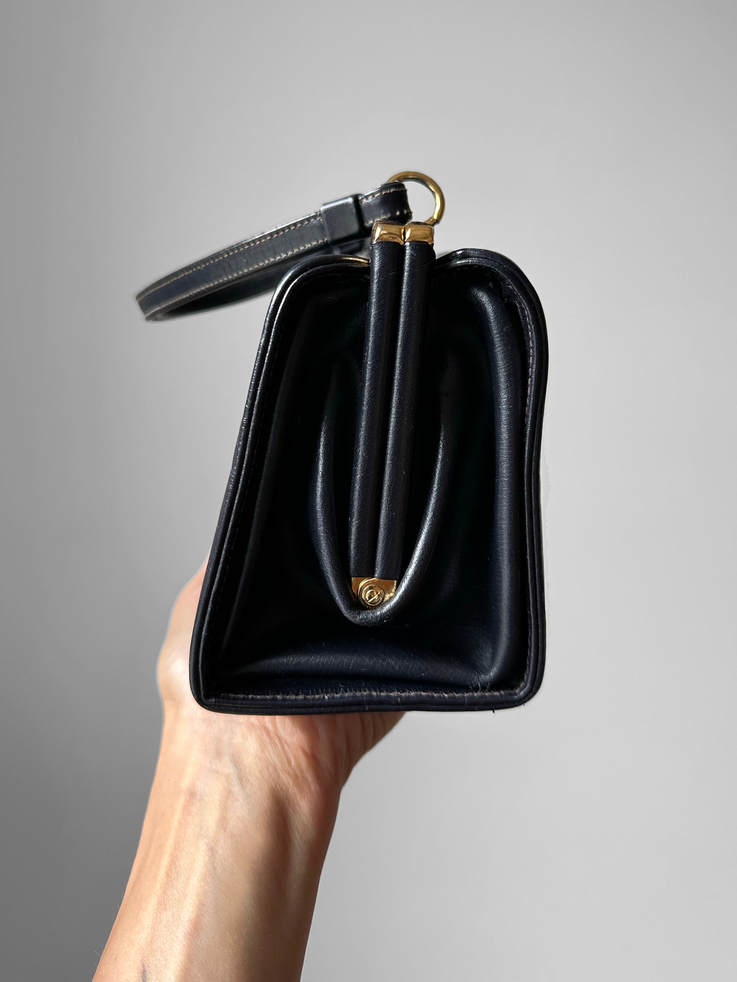 1960s Navy Leather Top Handle Handbag