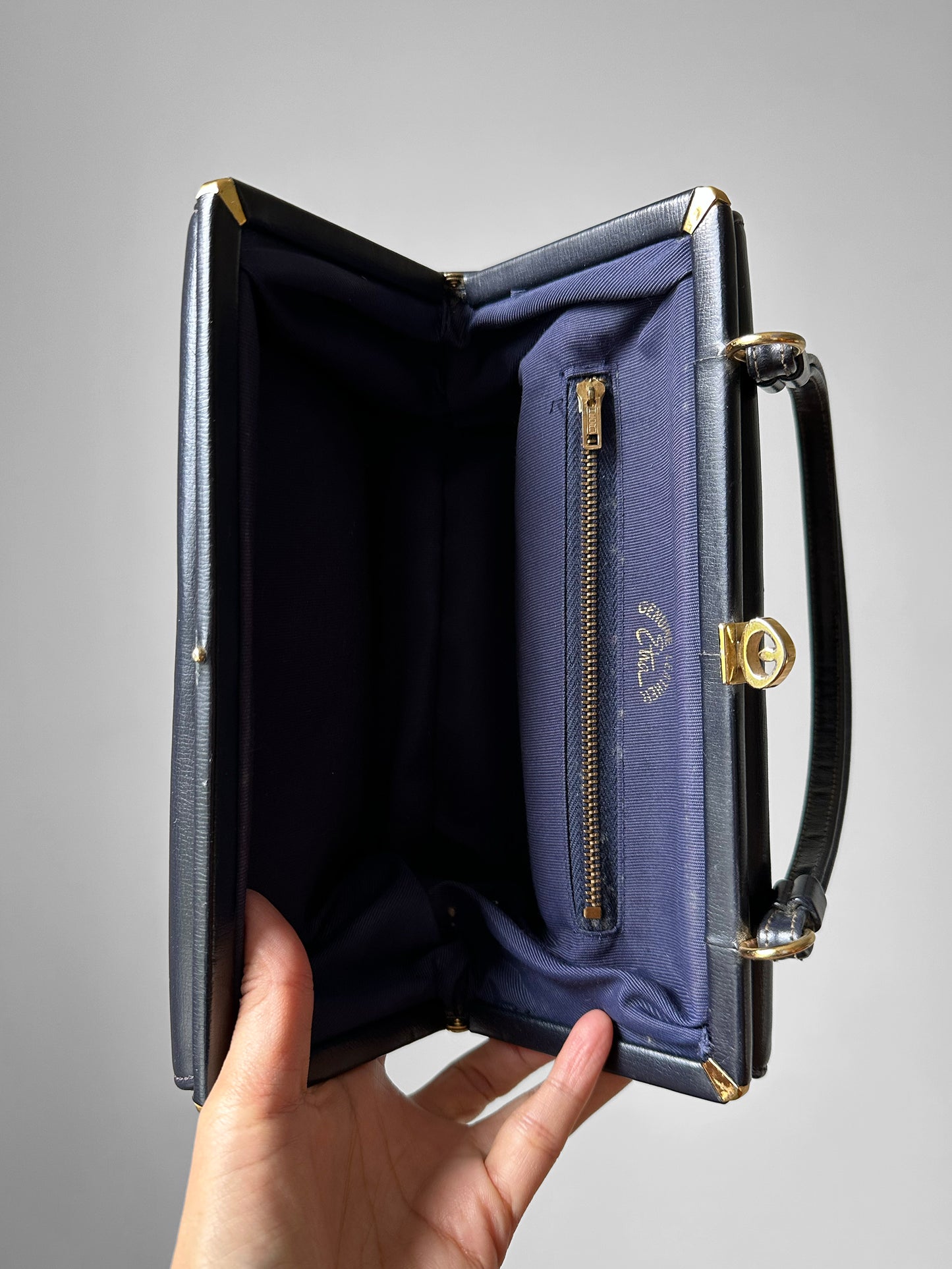 1960s Navy Leather Top Handle Handbag