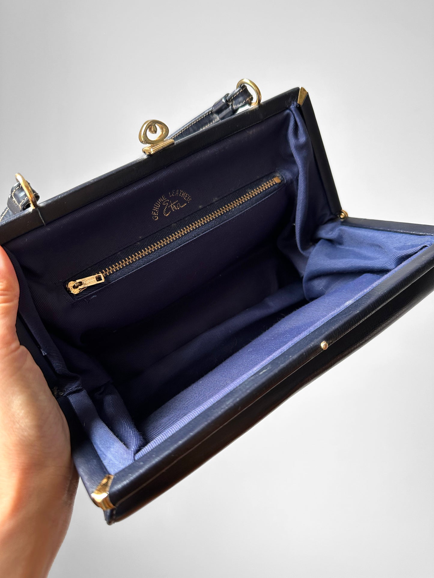 1960s Navy Leather Top Handle Handbag