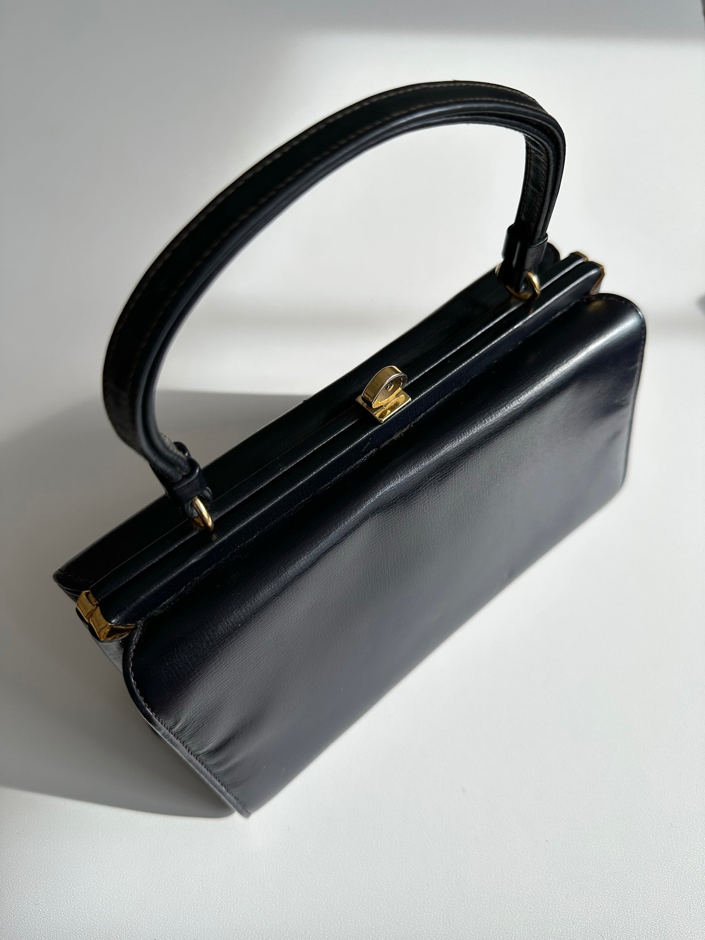 1960s Navy Leather Top Handle Handbag