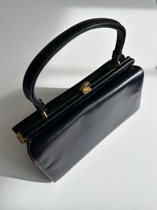 1960s Navy Leather Top Handle Handbag