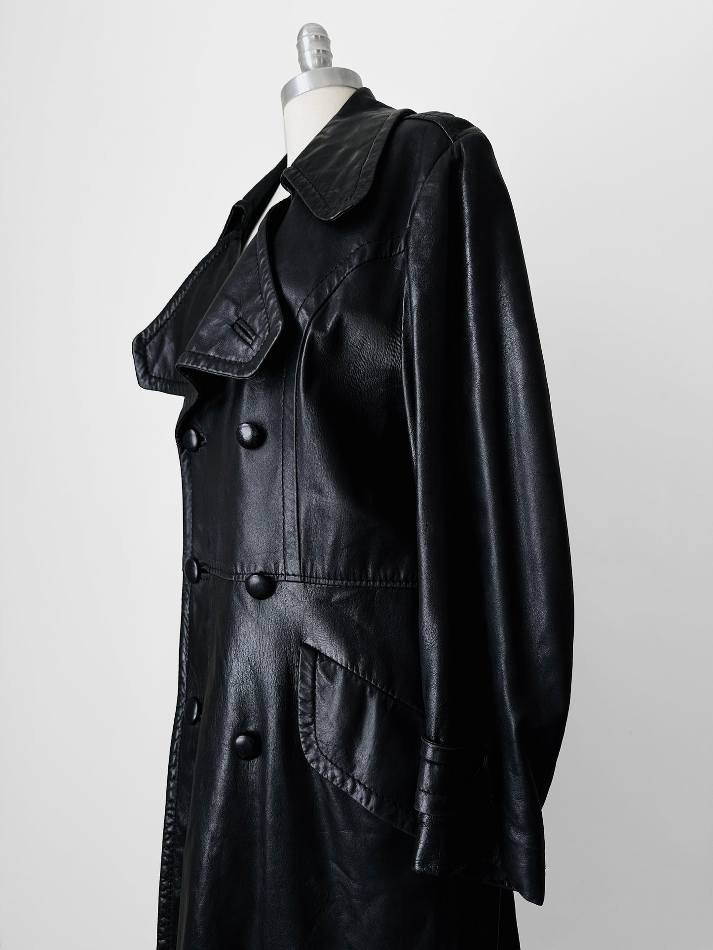 1980s Buttery Soft Long Black Leather Coat - Sz. Large