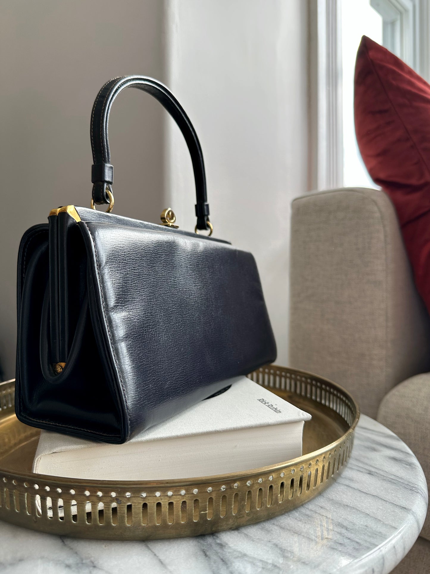 1960s Navy Leather Top Handle Handbag