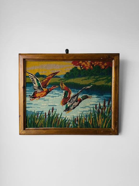 1950s Mid-Century Wood Framed Needlepoint Artwork of Ducks in Flight