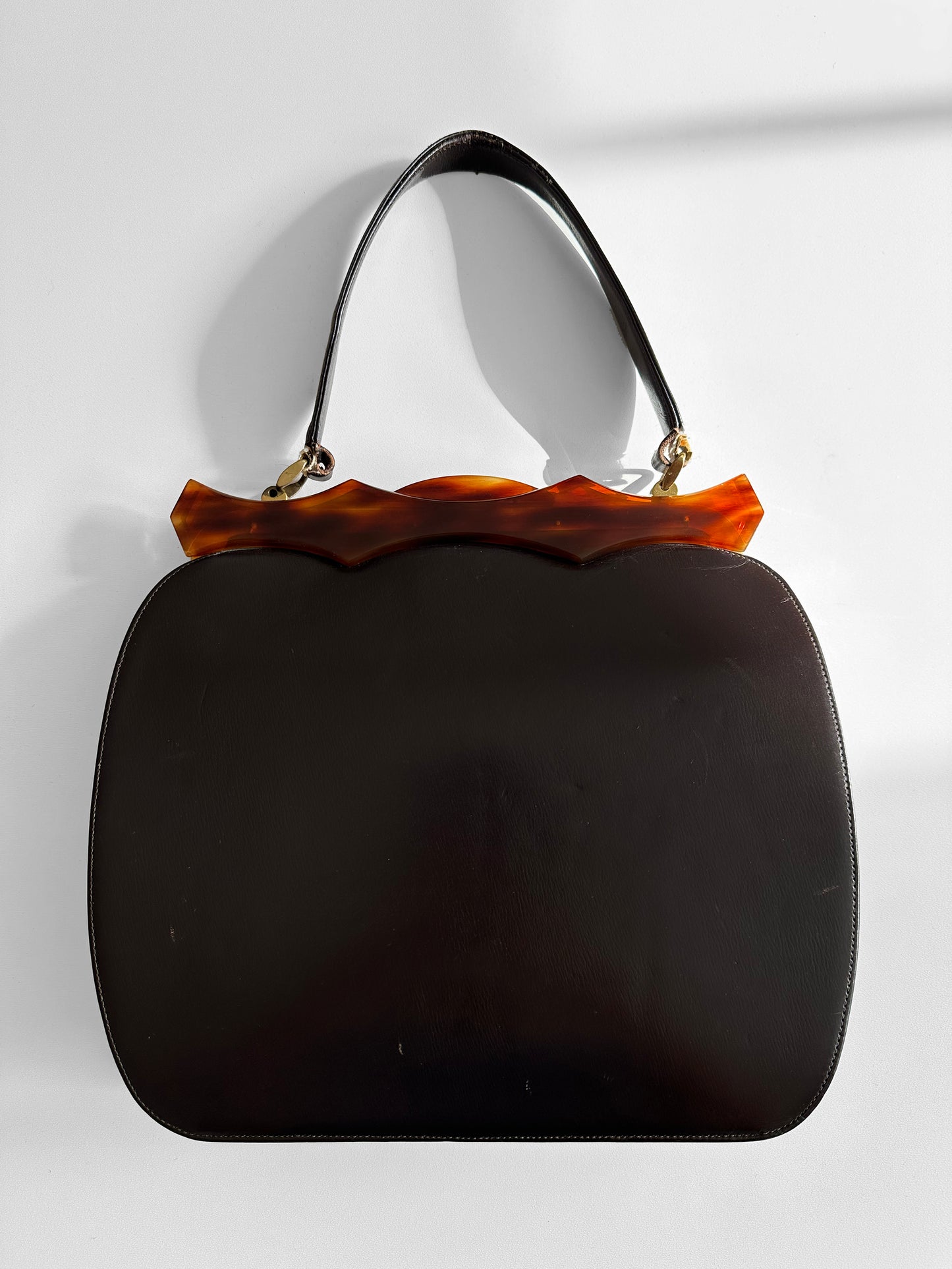 1960s Dark Brown Black Top Handle Leather Tortoise Shell Frame Bag