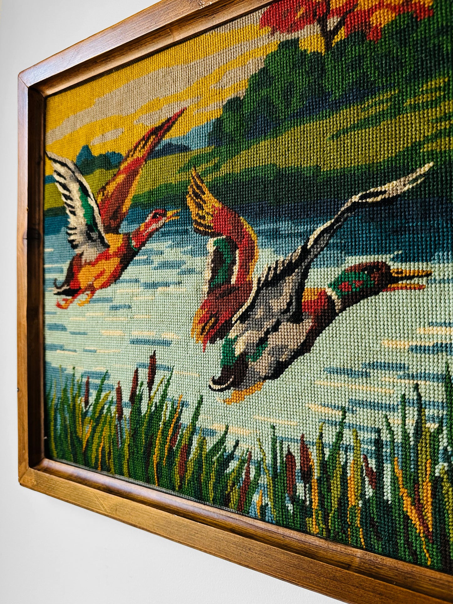 1950s Mid-Century Wood Framed Needlepoint Artwork of Ducks in Flight