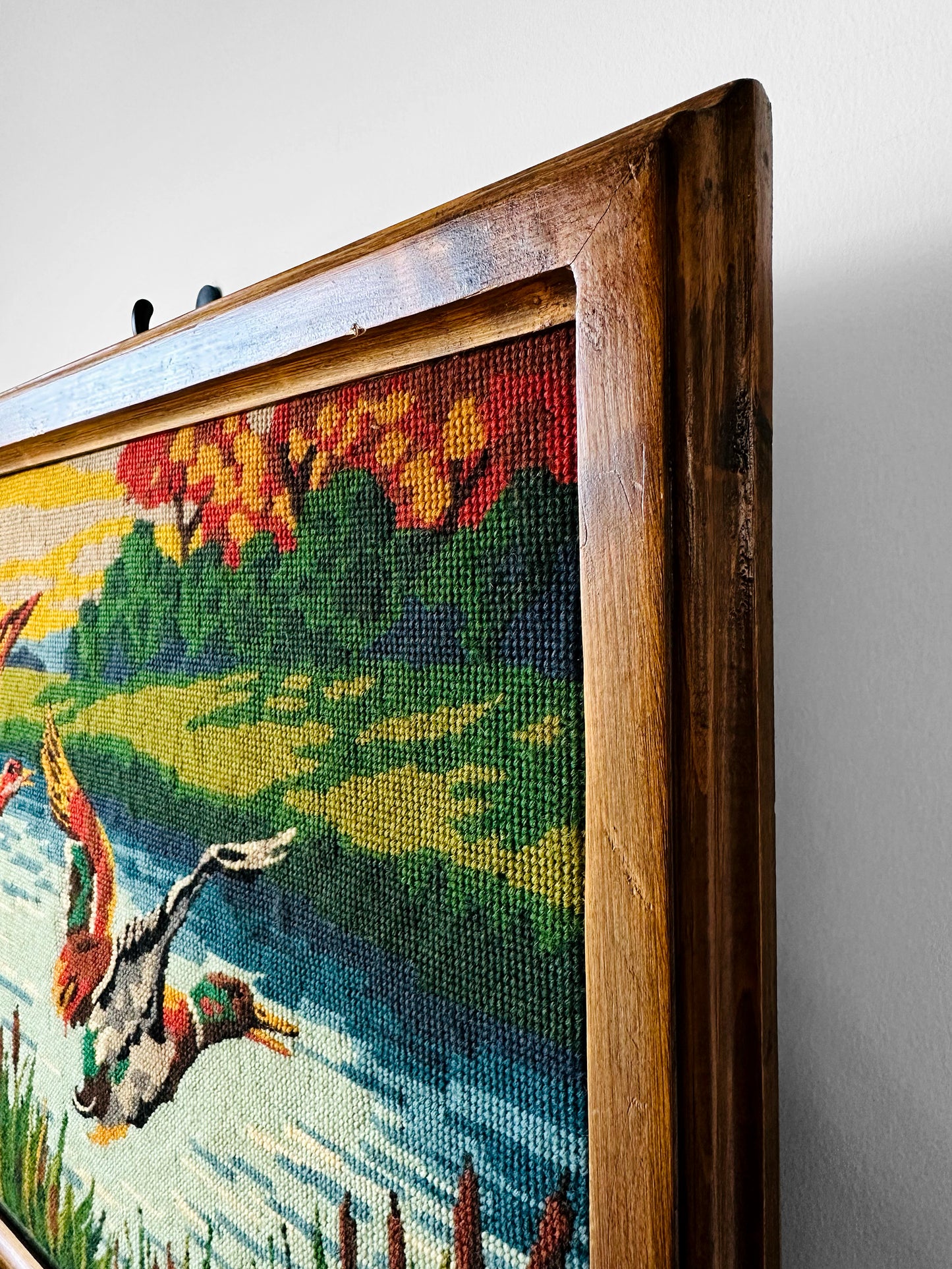 1950s Mid-Century Wood Framed Needlepoint Artwork of Ducks in Flight
