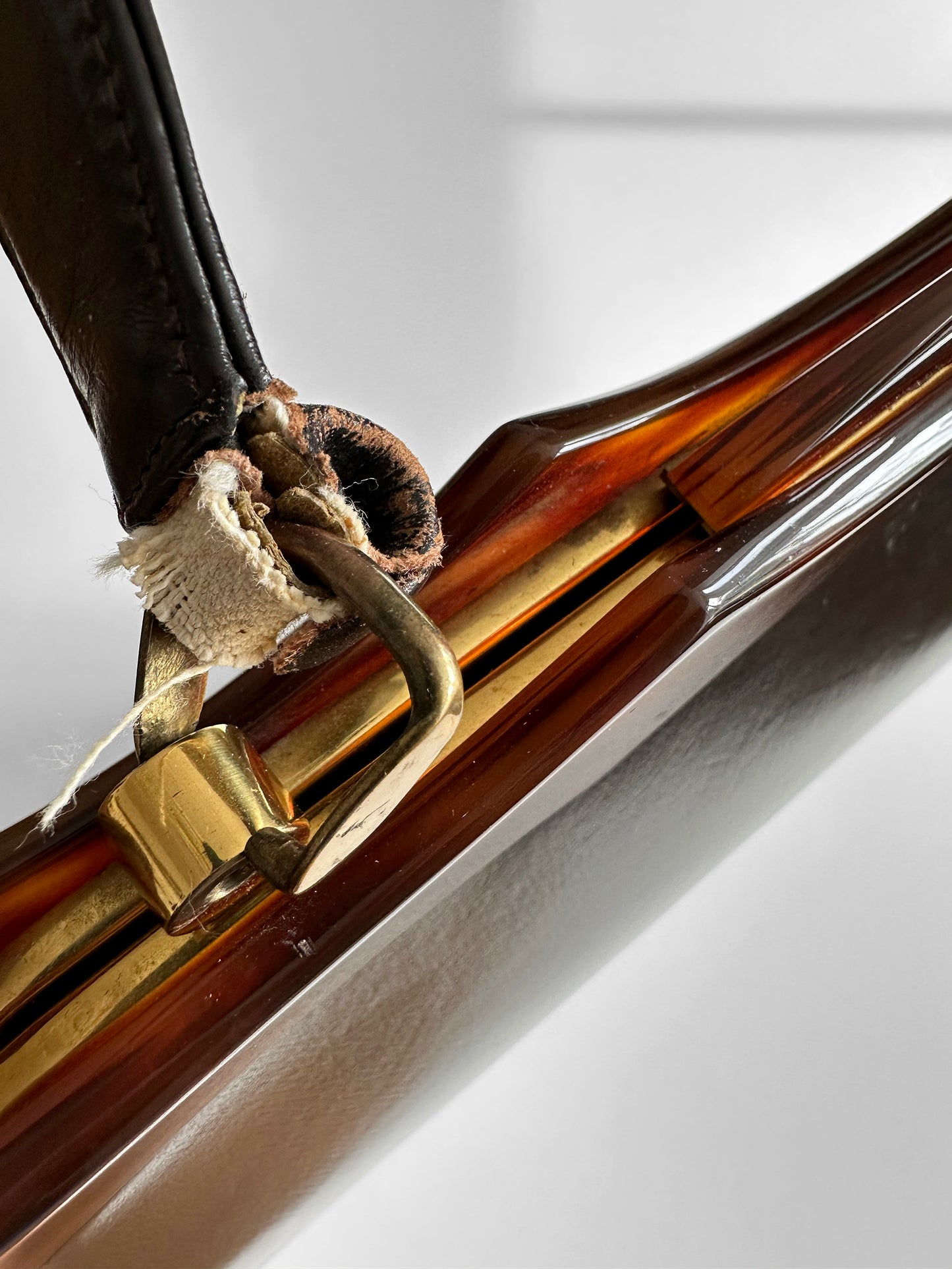 1960s Dark Brown Black Top Handle Leather Tortoise Shell Frame Bag