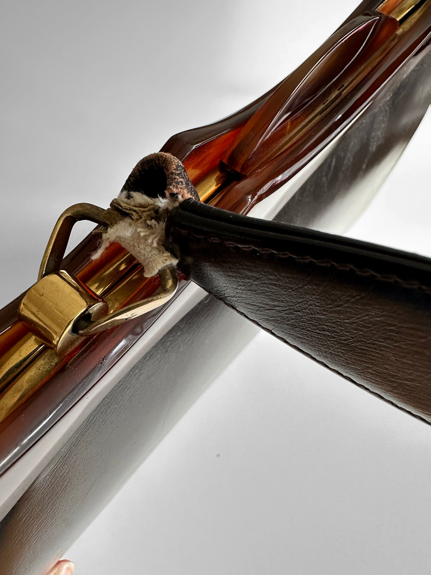 1960s Dark Brown Black Top Handle Leather Tortoise Shell Frame Bag