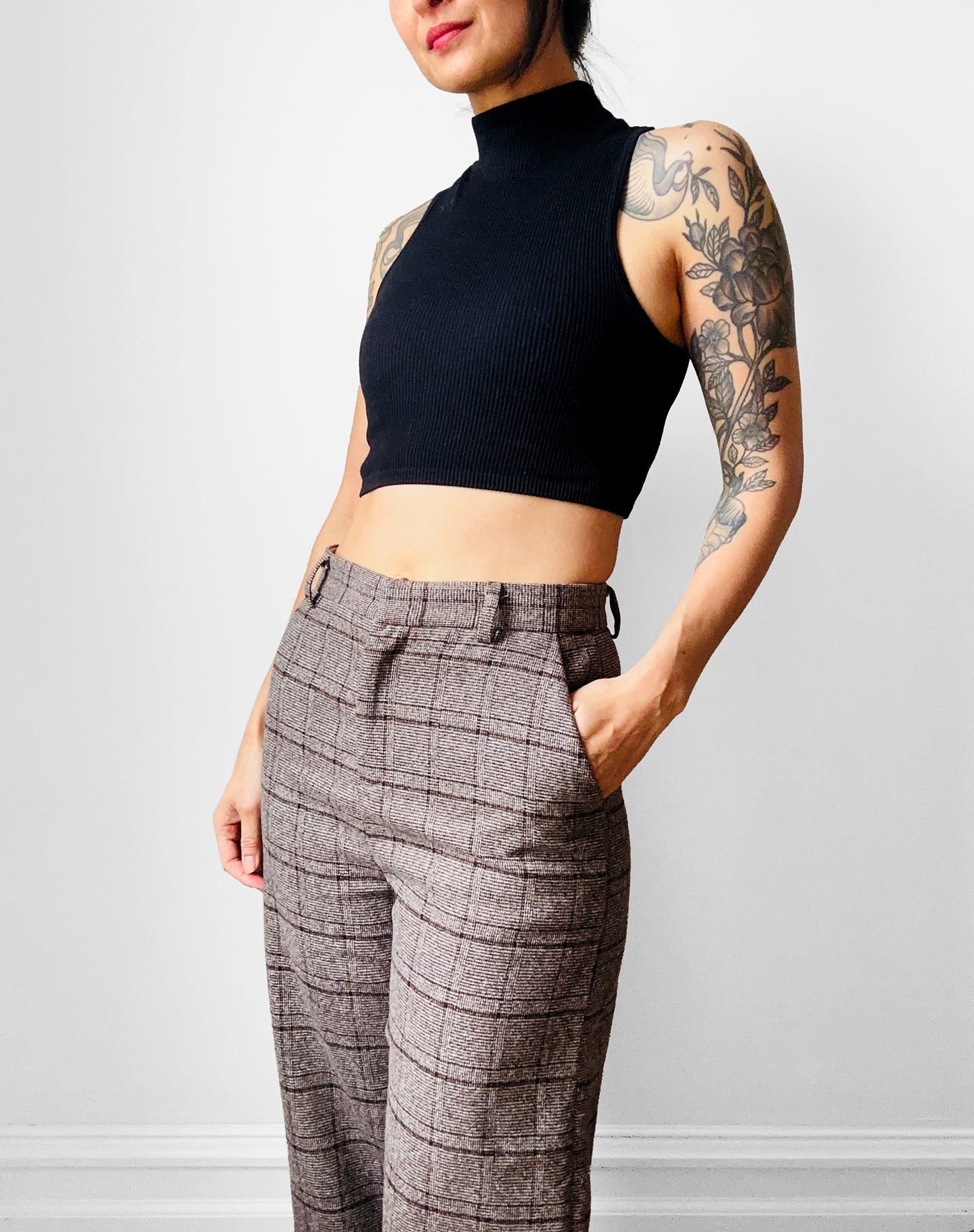 1970s Taupe and Brown Plaid Rolled Cuff Wide Leg Crop Trousers - Waist 28