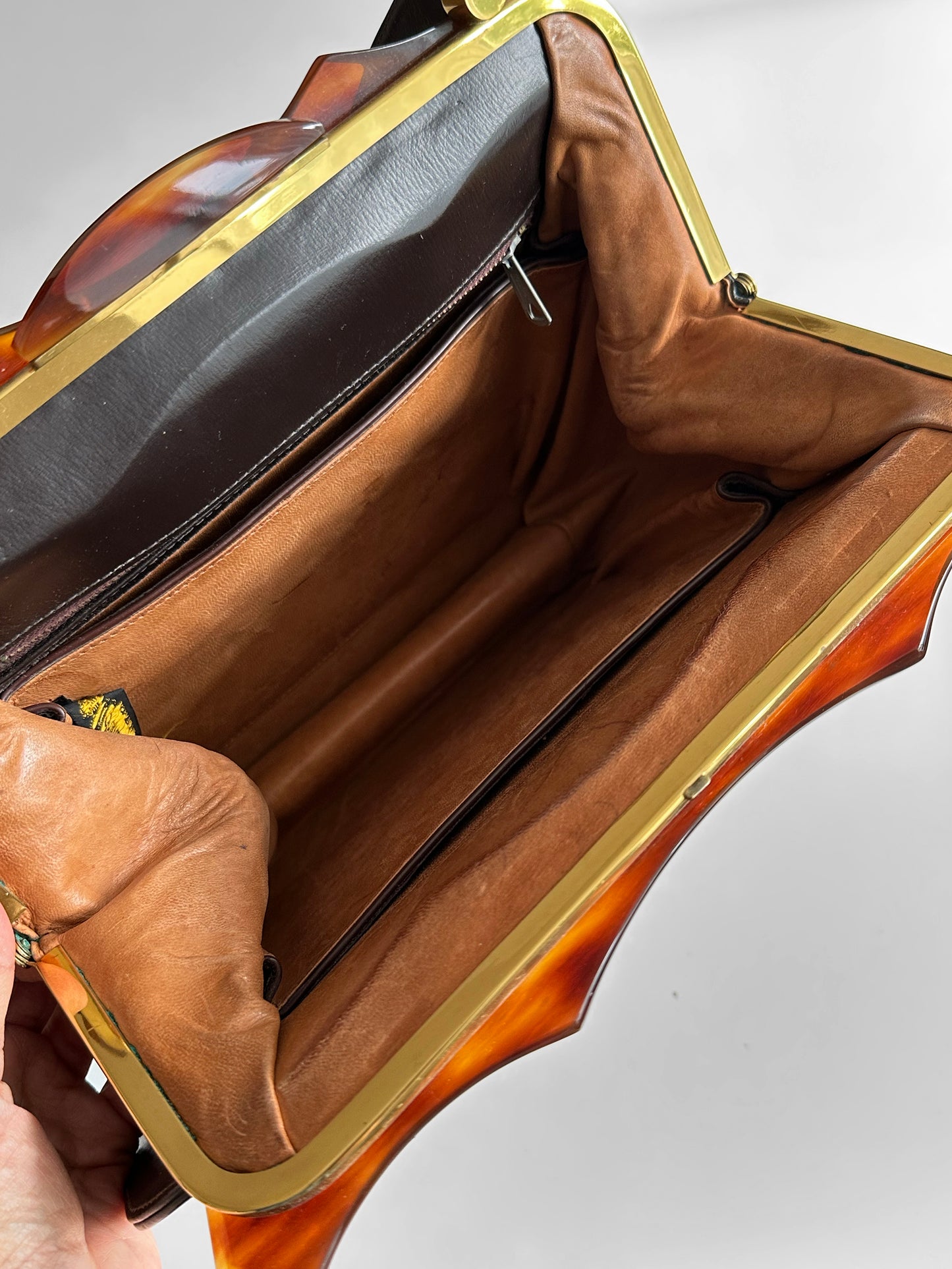 1960s Dark Brown Black Top Handle Leather Tortoise Shell Frame Bag