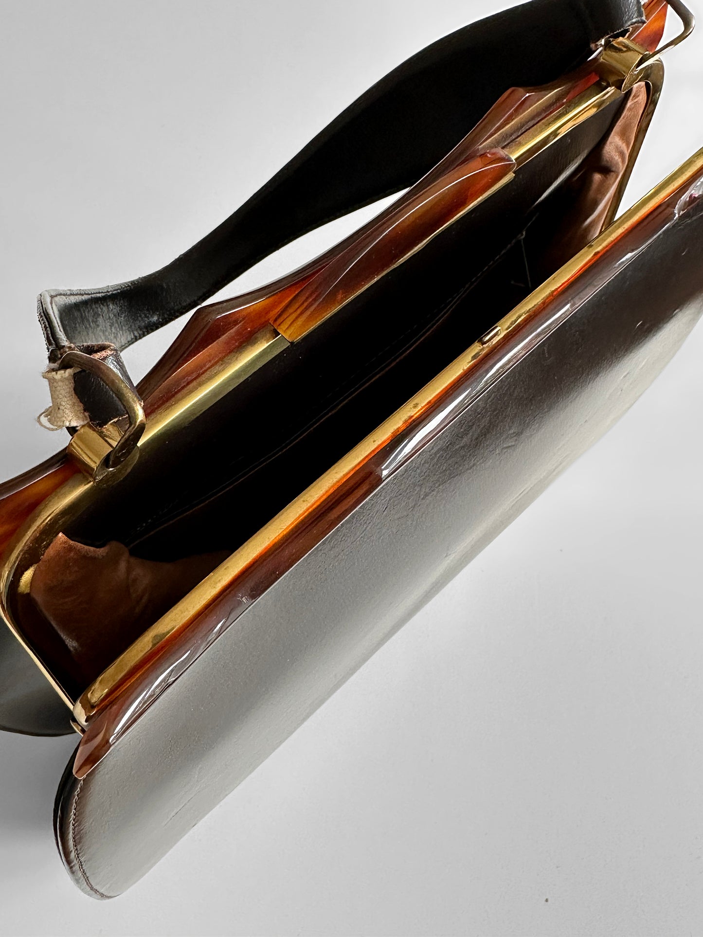 1960s Dark Brown Black Top Handle Leather Tortoise Shell Frame Bag