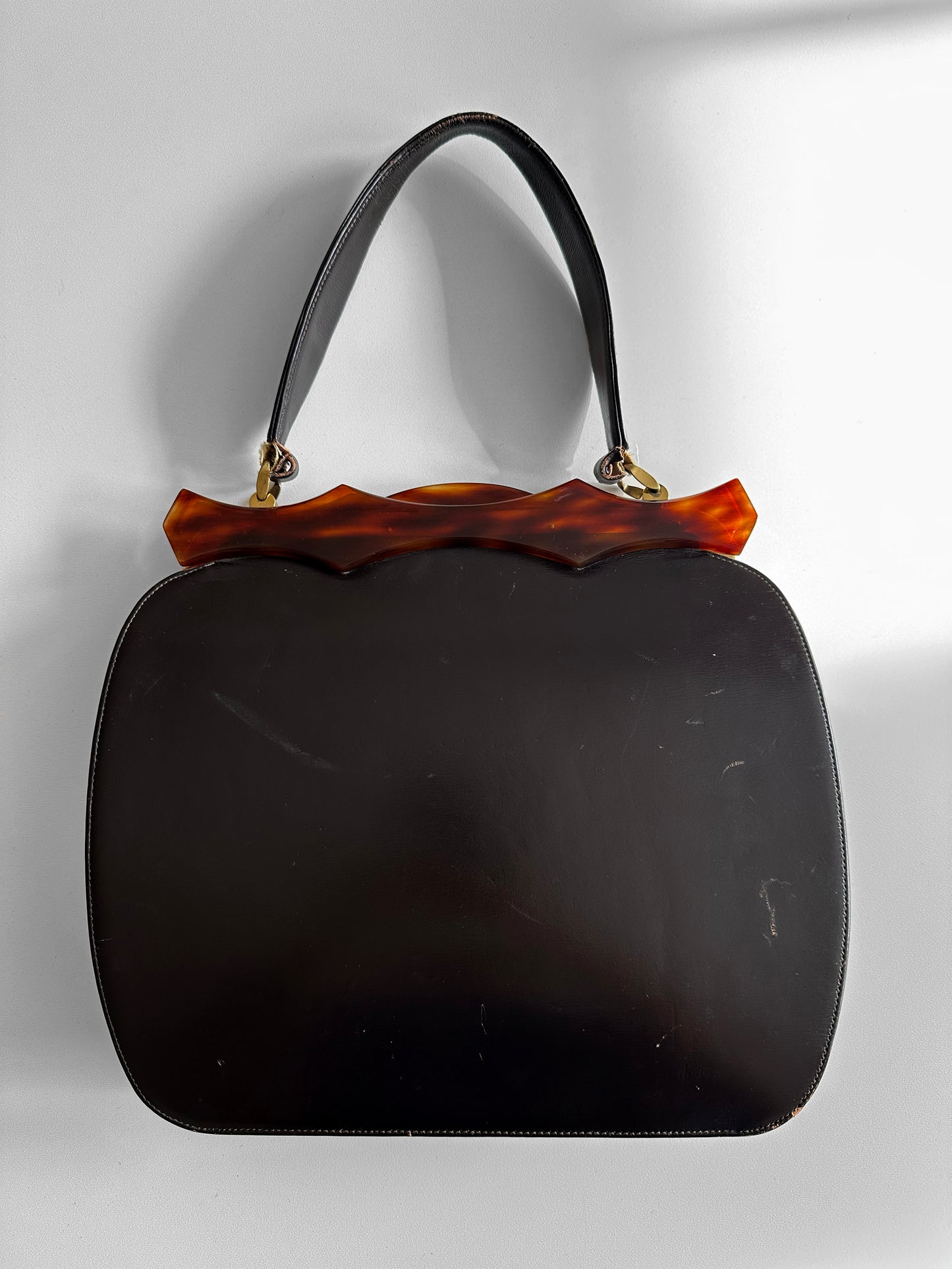 1960s Dark Brown Black Top Handle Leather Tortoise Shell Frame Bag