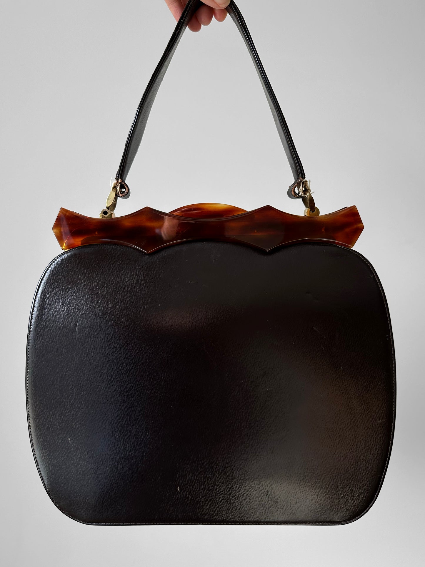 1960s Dark Brown Black Top Handle Leather Tortoise Shell Frame Bag
