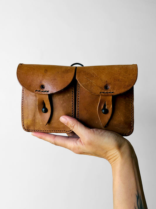 1950s Mid-Century Tan Military Double Leather Ammunition Belt Pouch