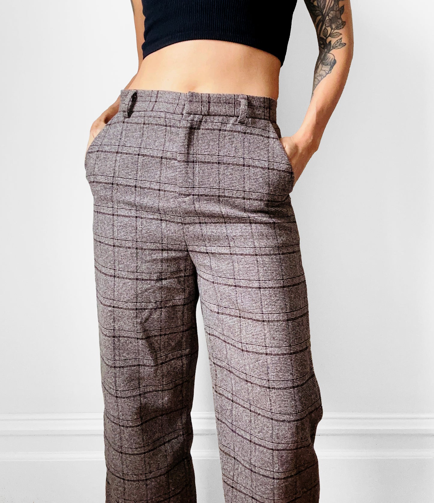 1970s Taupe and Brown Plaid Rolled Cuff Wide Leg Crop Trousers - Waist 28