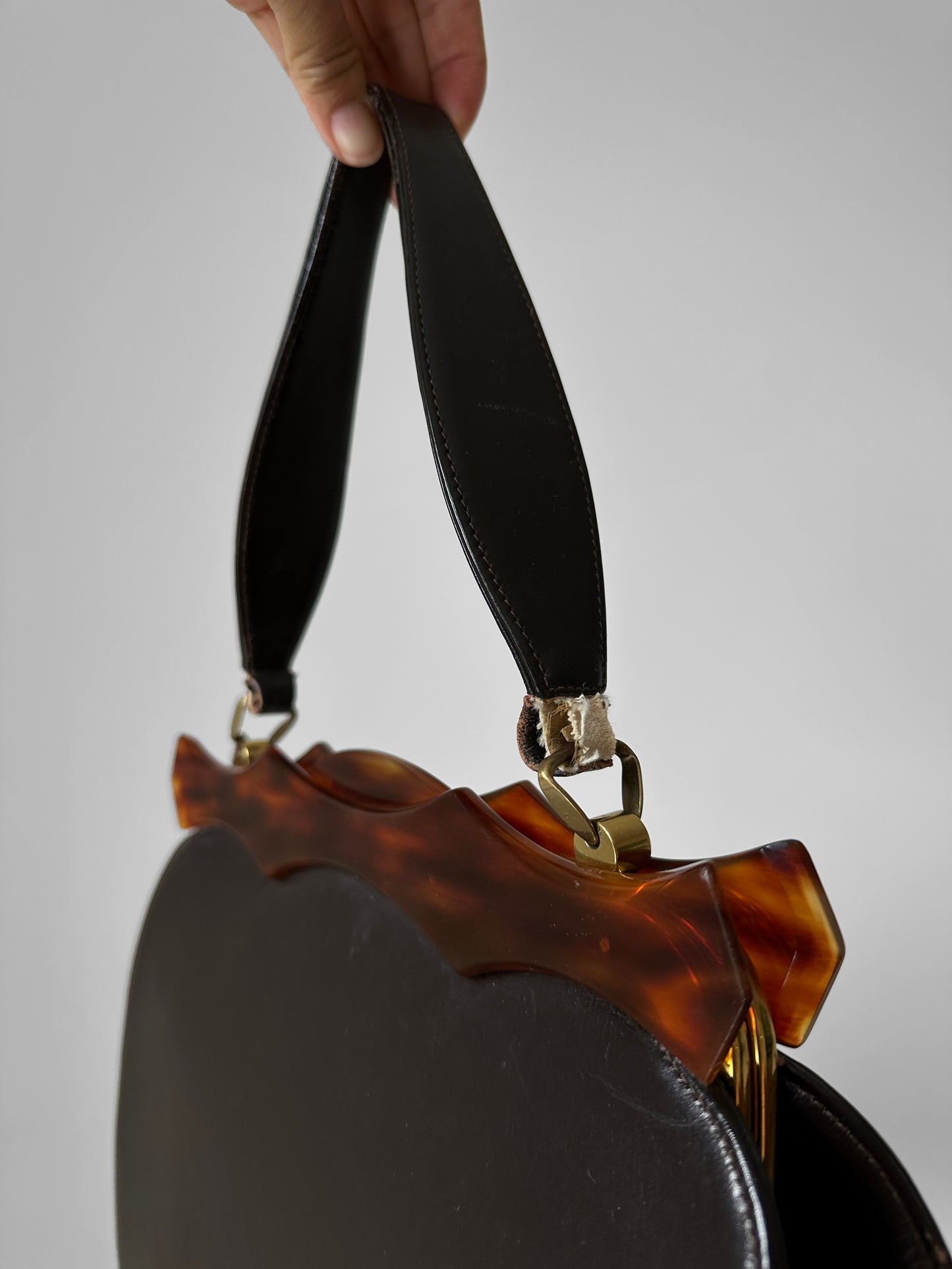 1960s Dark Brown Black Top Handle Leather Tortoise Shell Frame Bag