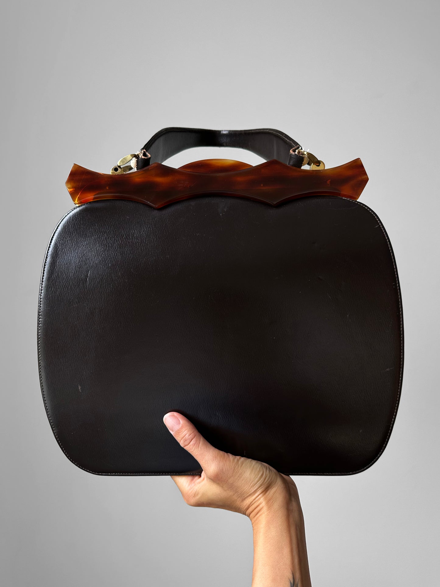 1960s Dark Brown Black Top Handle Leather Tortoise Shell Frame Bag
