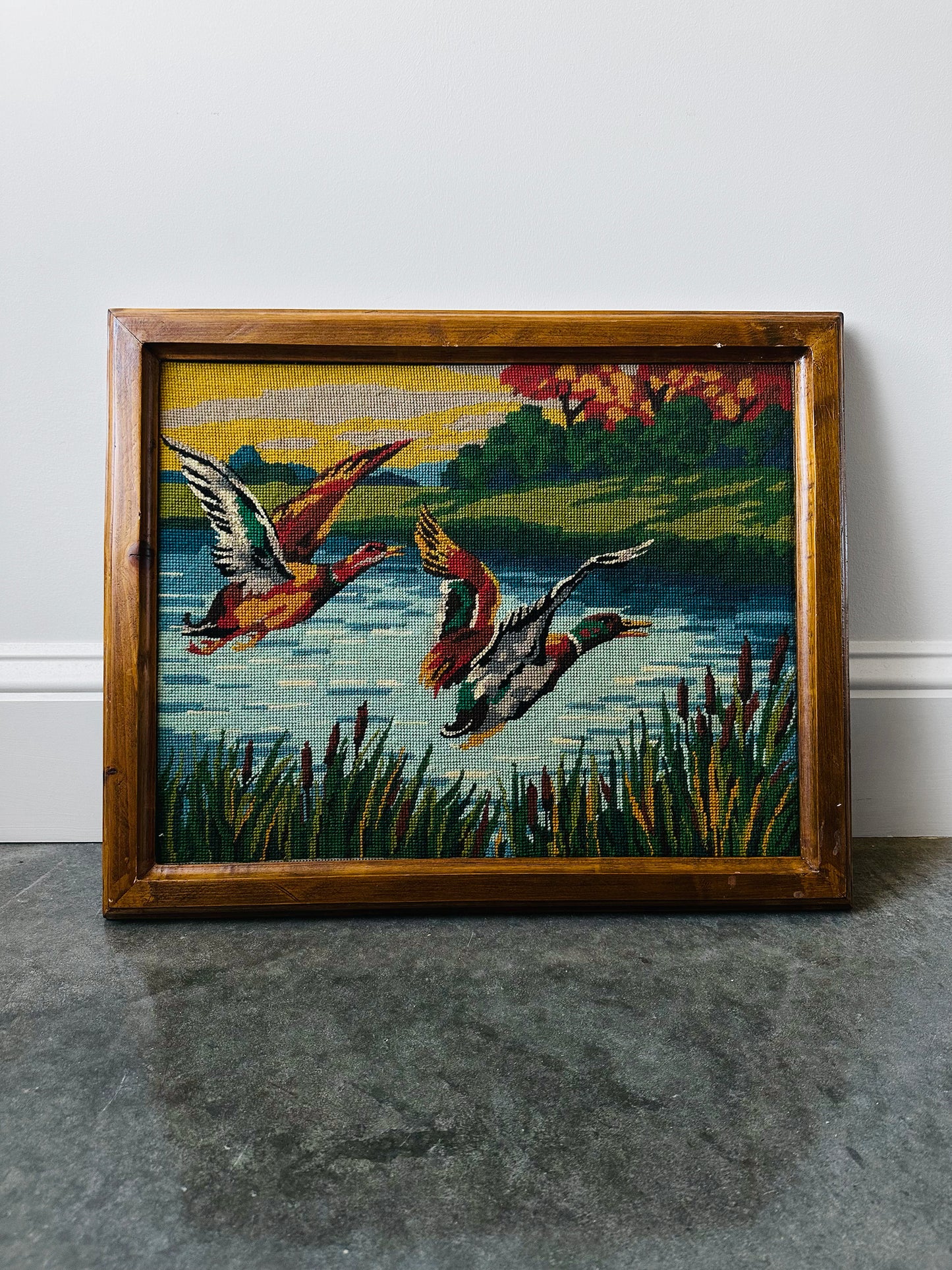 1950s Mid-Century Wood Framed Needlepoint Artwork of Ducks in Flight