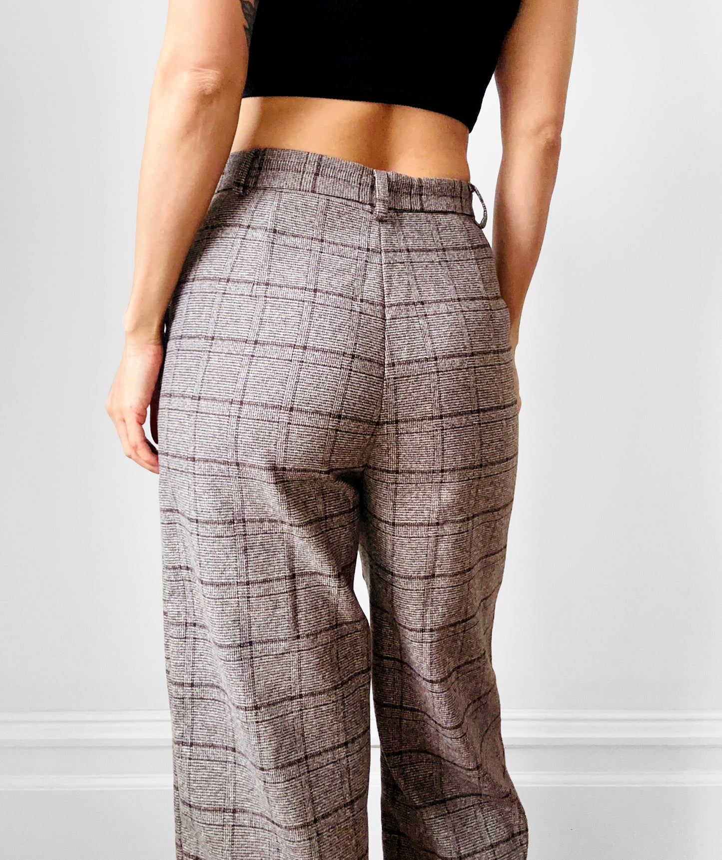 1970s Taupe and Brown Plaid Rolled Cuff Wide Leg Crop Trousers - Waist 28