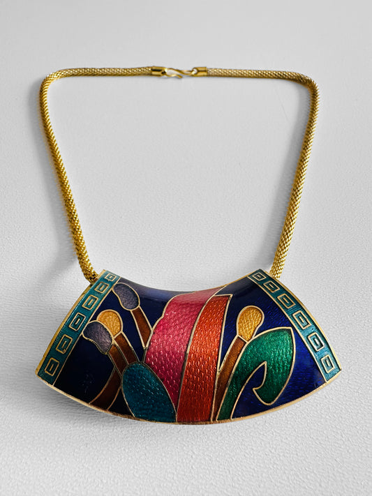 1980s Jewel Toned Enamel Statement Gold-Toned Necklace