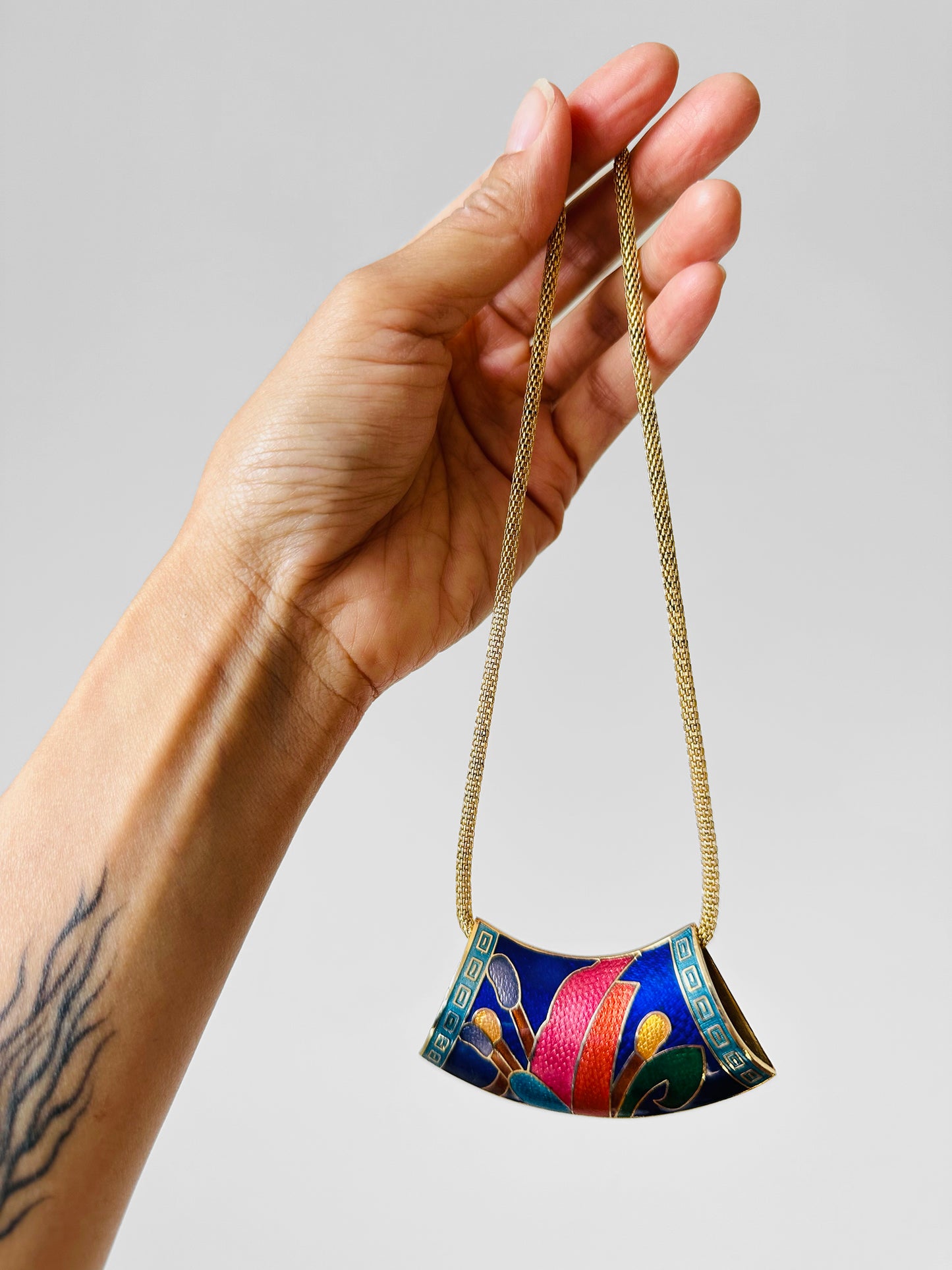 1980s Jewel-Toned Enamel Gold-Toned Statement Necklace