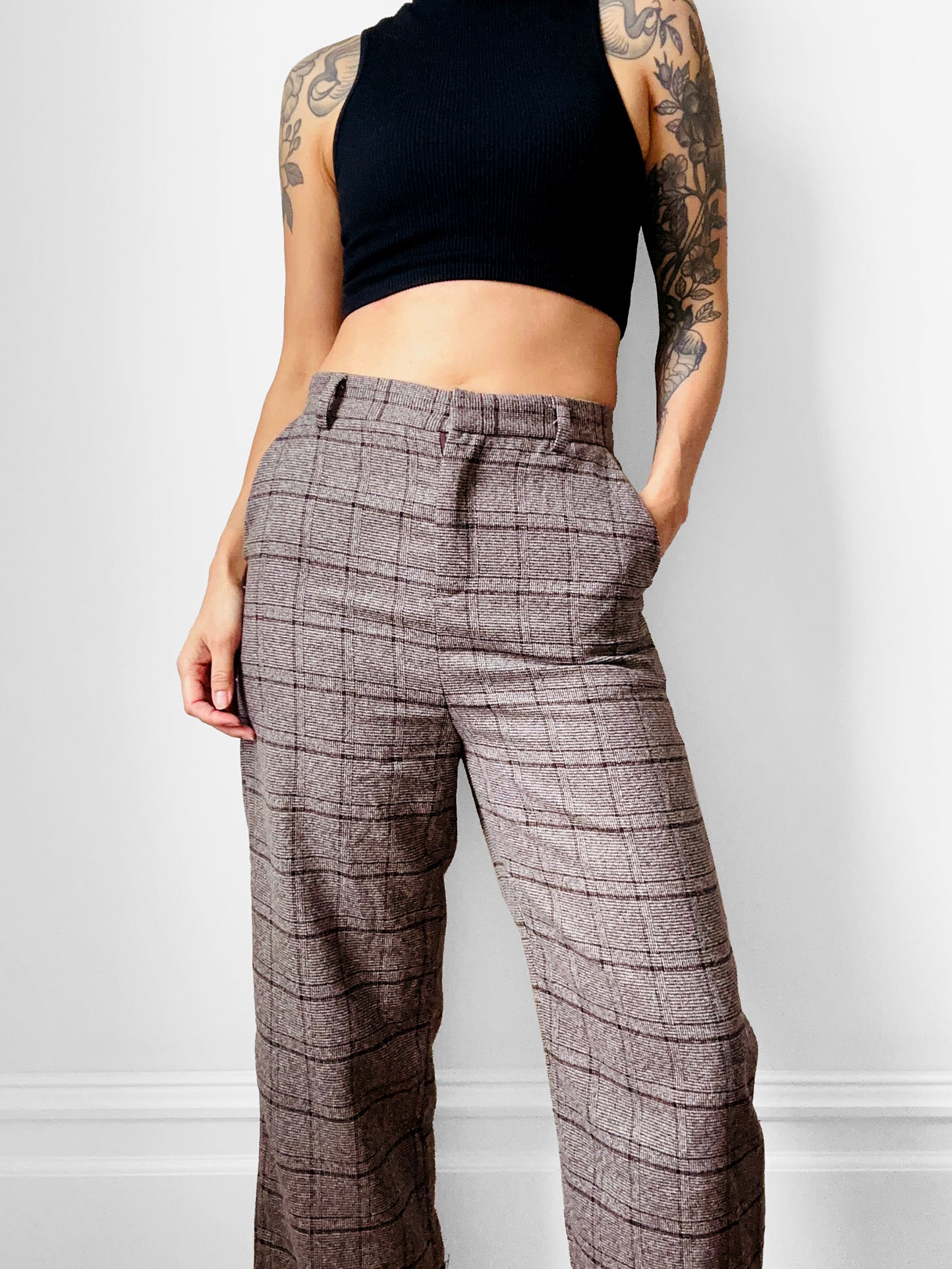 1970s Taupe and Brown Plaid Rolled Cuff Wide Leg Crop Trousers - Waist 28