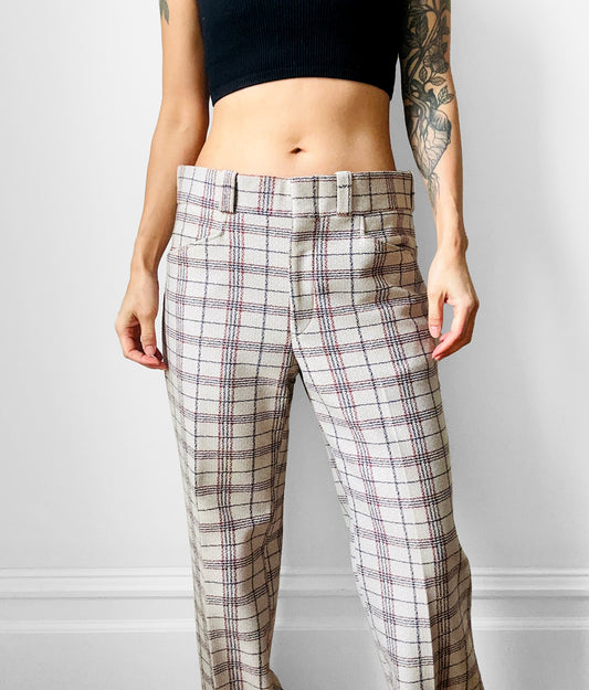 1970s Off-White Plaid Mid-Rise Flare Leg Trousers - Waist 34.5