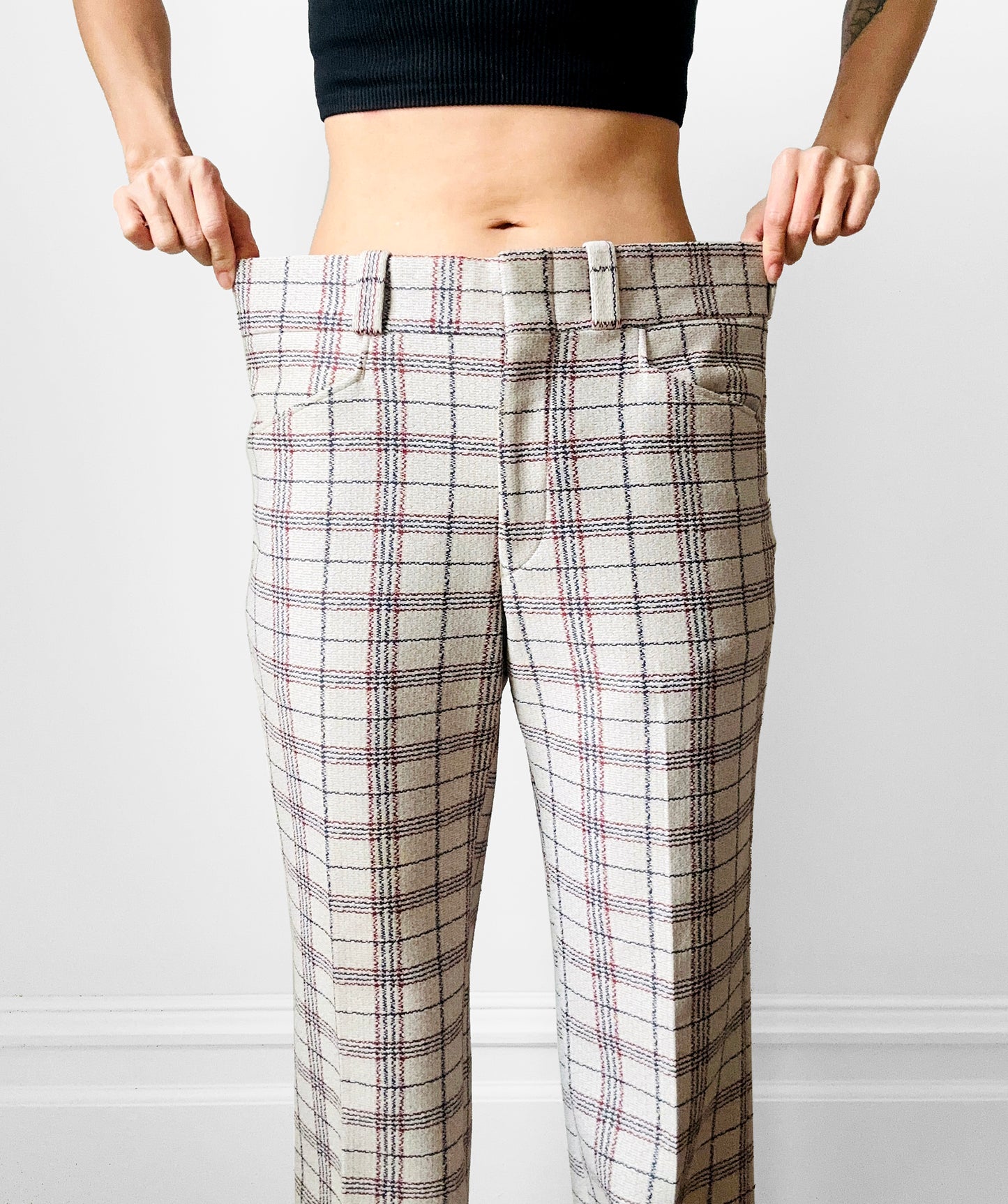 1970s Off-White Plaid Mid-Rise Flare Leg Trousers - Waist 34.5